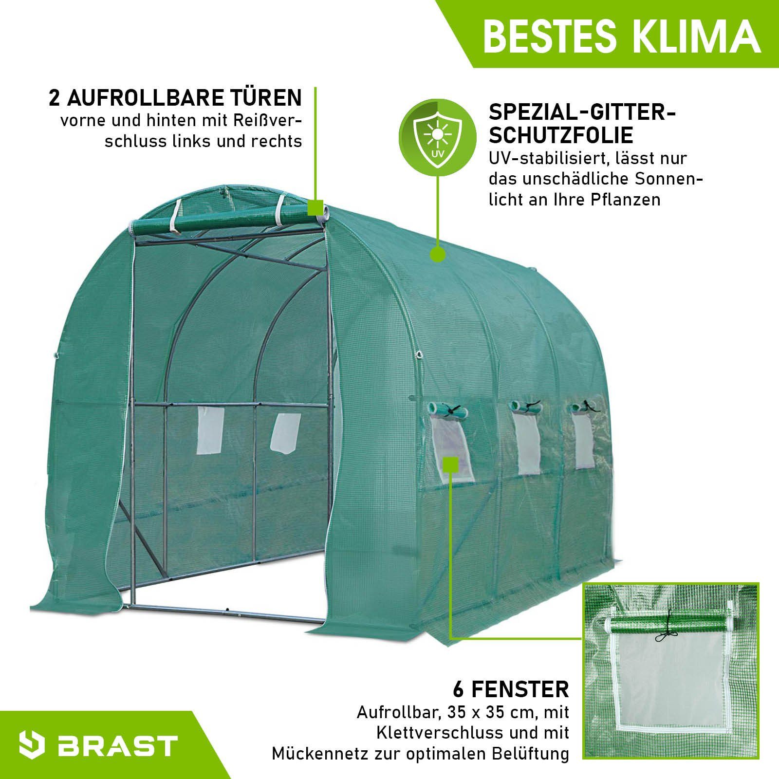 BRAST Foliengewächshaus Gewächshaus mit Stahlfundament 4 Größen 2x3m 3x4m 3x6m 3x8m, Erdanker Gitternetzfolie 175g/m² schwere Qualität