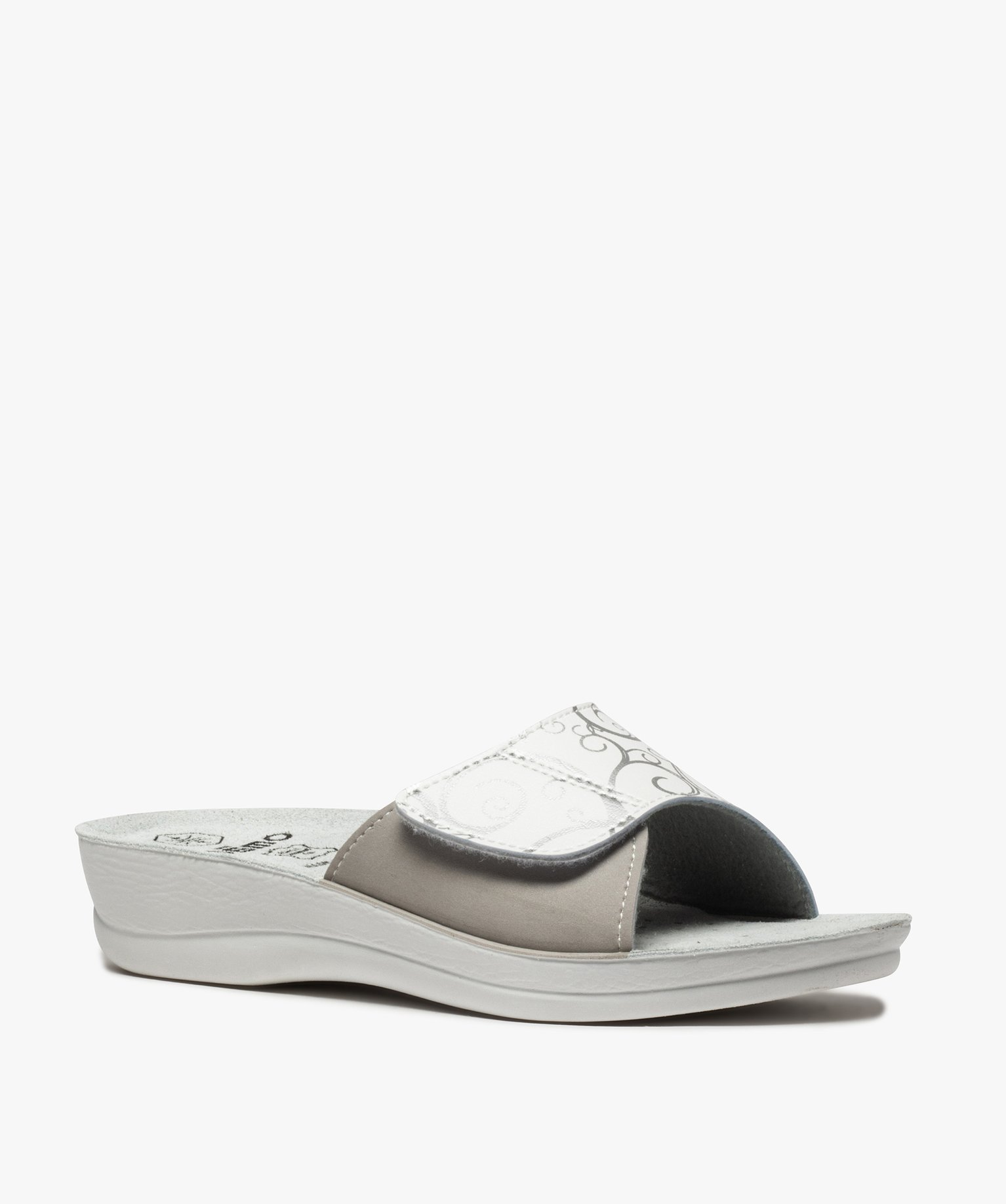 Mules femme confort ouvertes à bandeau scratch imprimé blanc | GEMO