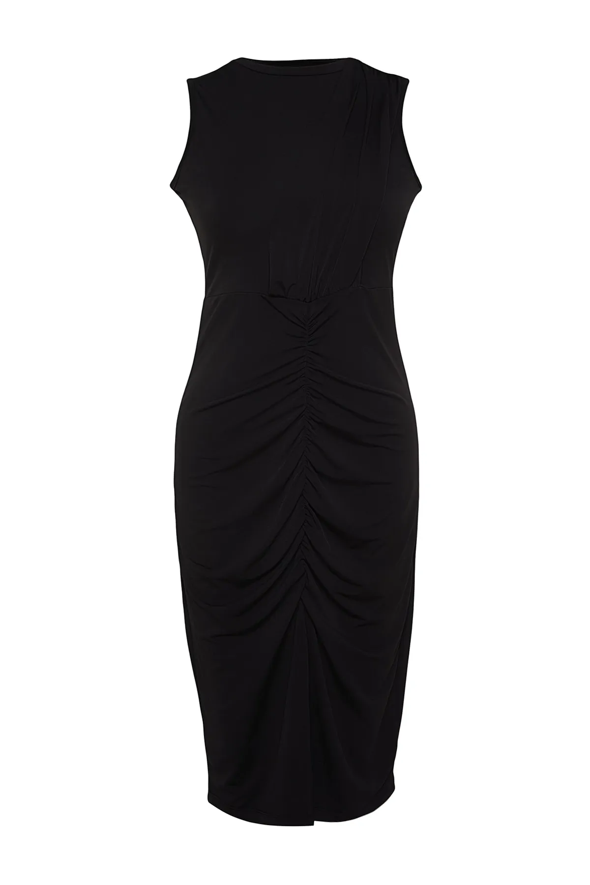 Trendyol Curve  Schwarzes, drapiertes und geschlitztes Strickkleid mit Gürtel TBSSS22AH00008