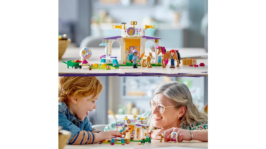 LEGO Friends 41746 Reitschule, Pferdespielzeug-Set mit Aliya und Mia
