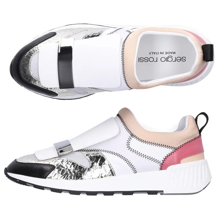 Sergio Rossi - Slip Ons SR1 RUNNING Kalbsleder Crinkled Logo altrosa beige silber weiß - weiß