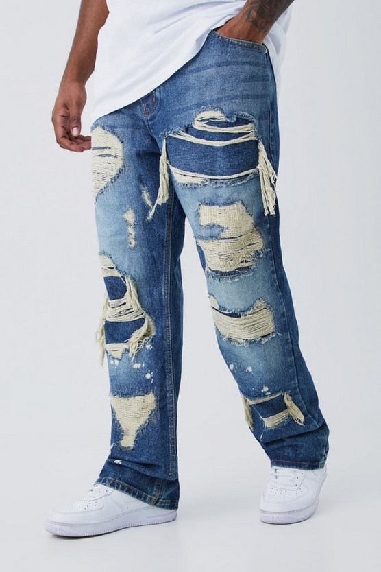 Plus gebleichte Slim-Fit Schlagjeans mit Rissen