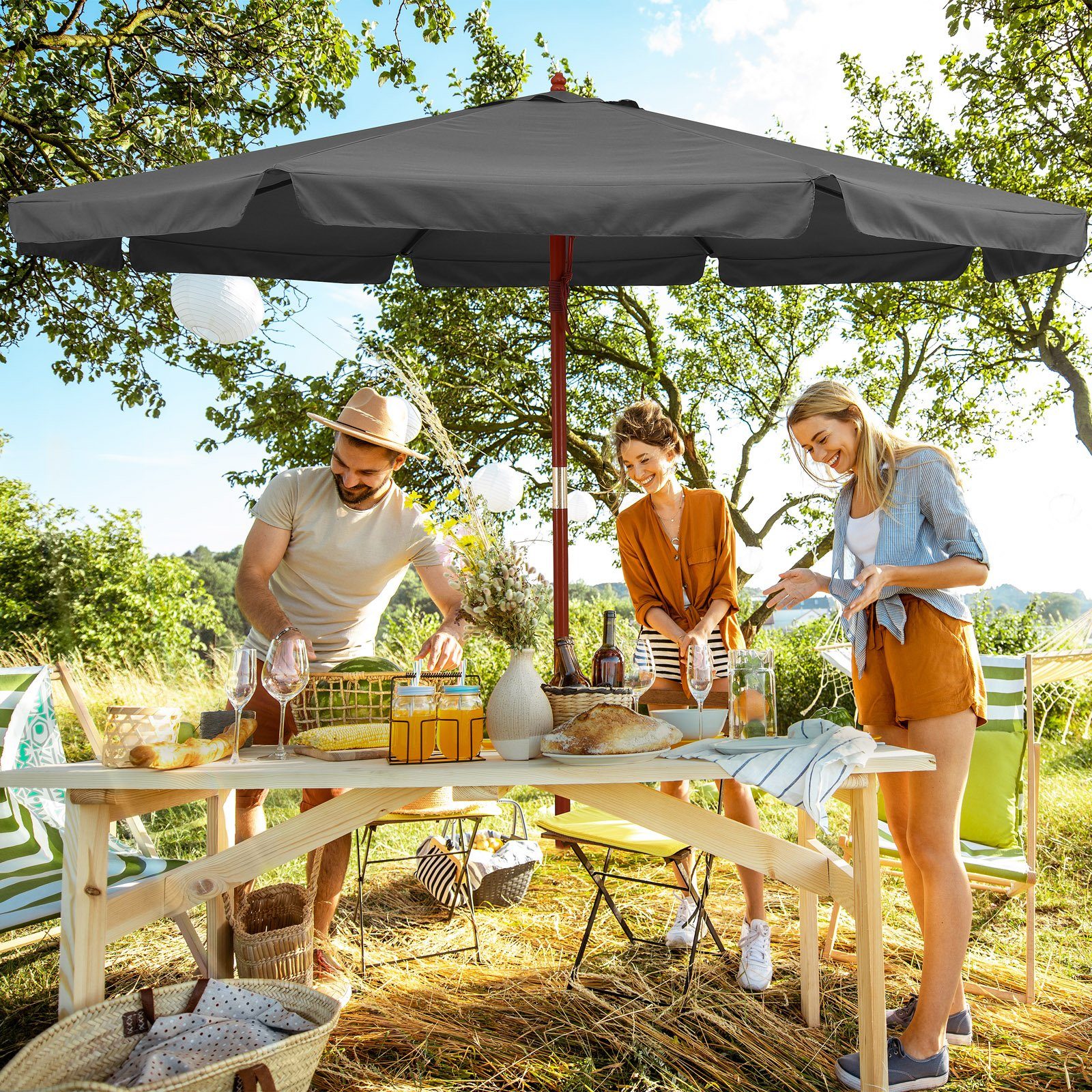 Kingsleeve Sonnenschirm, 330 cm Robuster Mast aus Holz UV Schutz 50+ Wasserabweisend Leichtgängiges Seilzugsystem Windöffnung für stabilen Stand Marktschirm Gartenschirm Balkonschirm