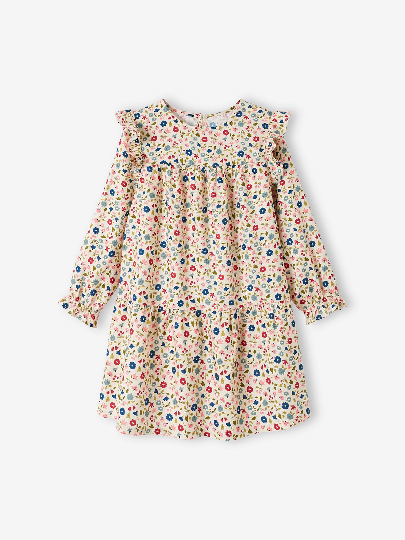 Robe imprimée fleurs manches volantées fille bleu nuit