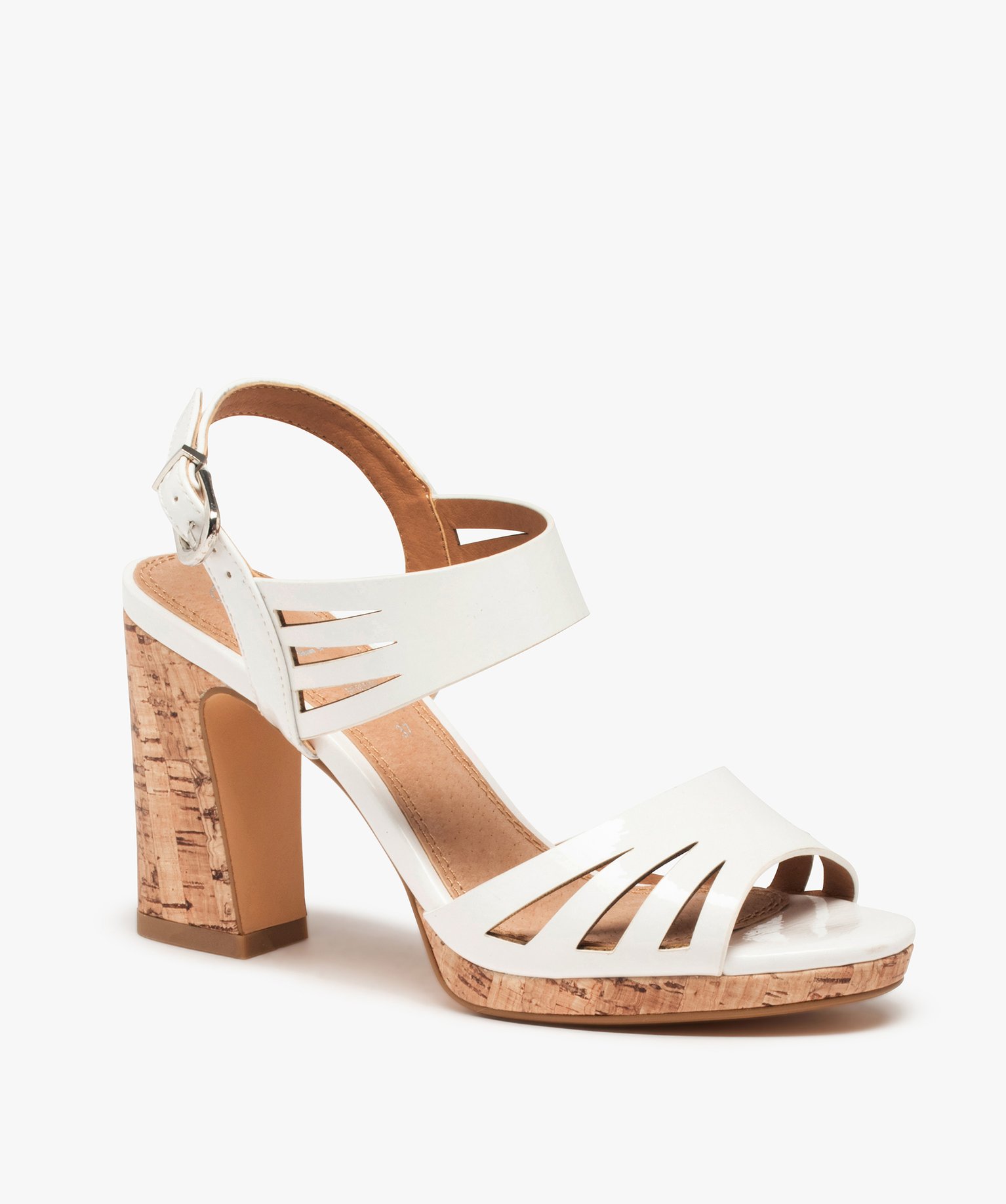 Sandales femme à talon liège et brides vernies blanc | GEMO