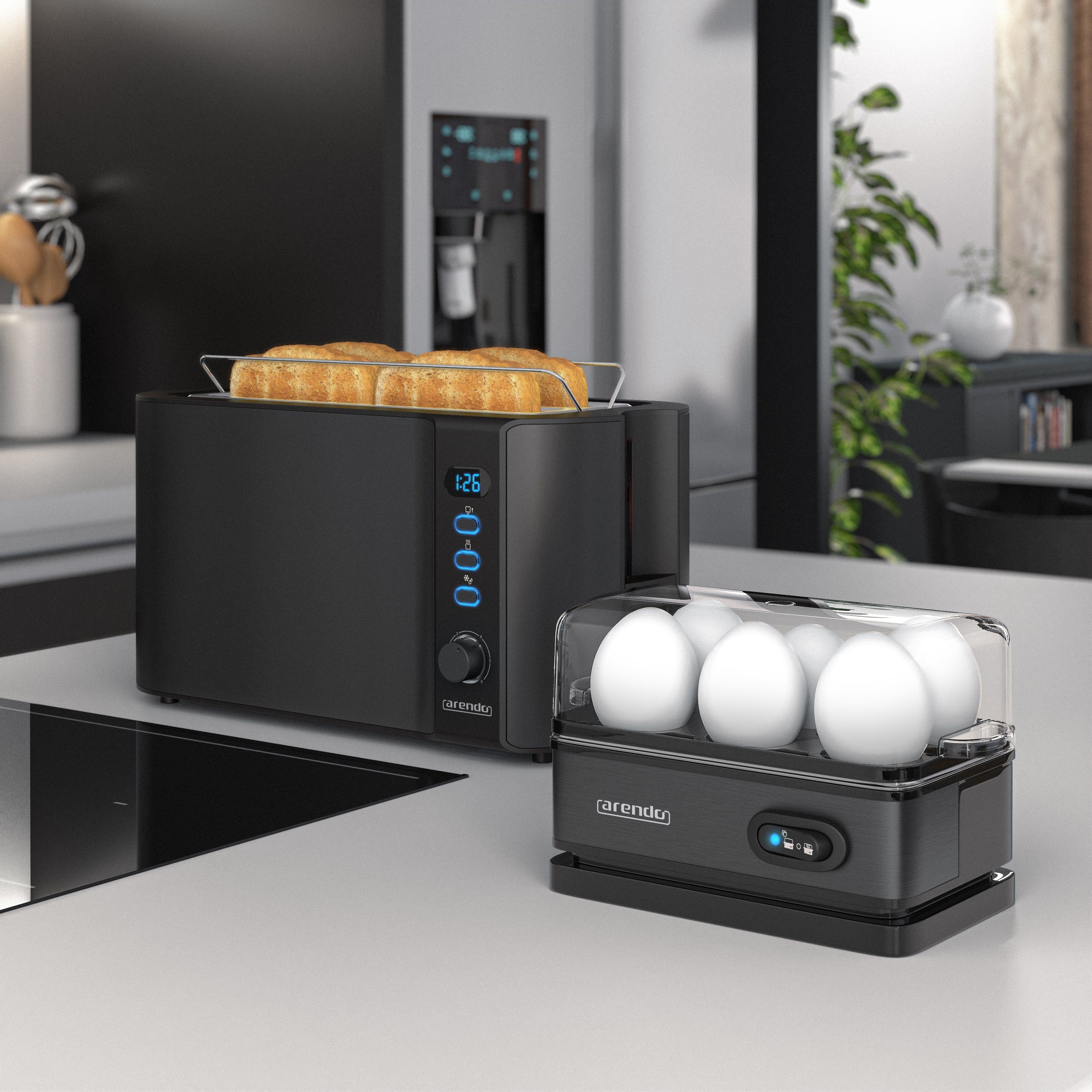 Arendo Frühstücks-Set (2-tlg), 4-Scheiben Langschlitz Toaster, 6er Eierkocher, Schwarz