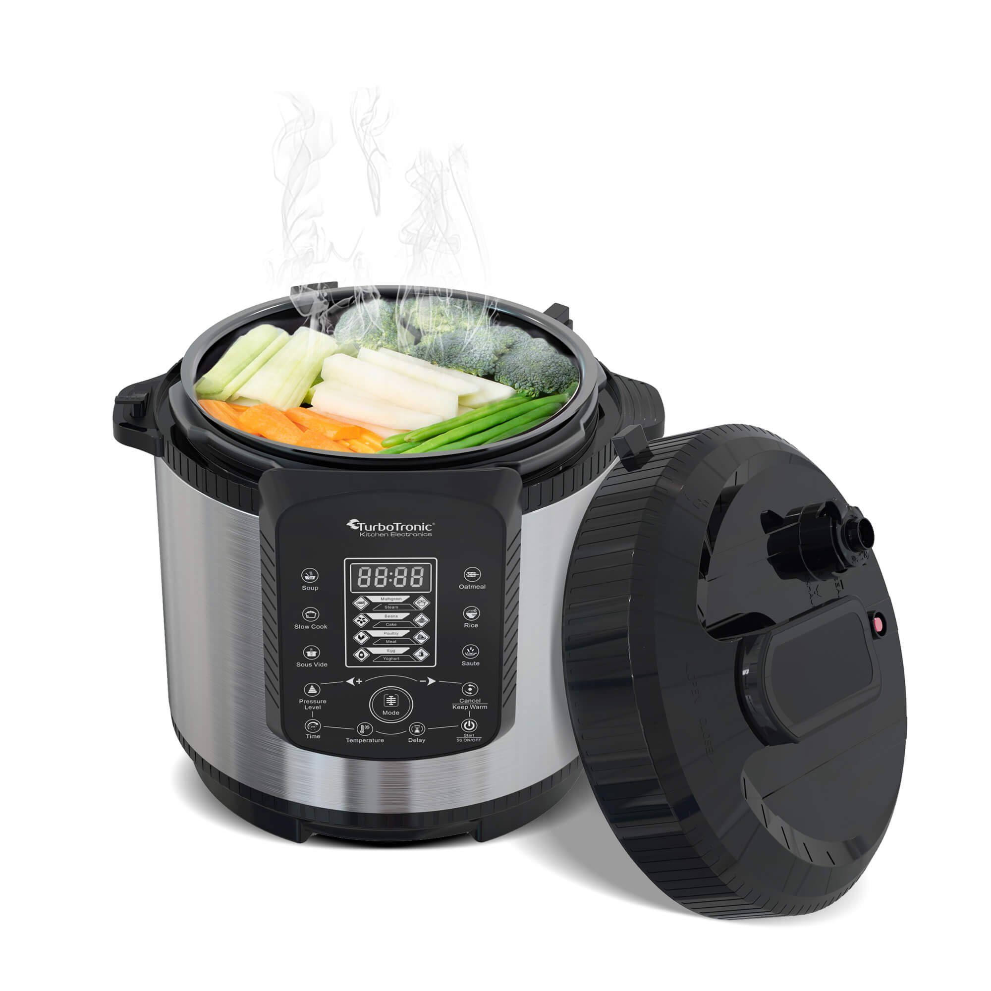 TurboTronic by Z-Line Multikocher 6L mit 2x Topf Edelstahltopf und beschichtet, PLASTIKFREI Silber, 1000 W, Dampfdrucktopf Elektrischer Schnellkochtopf Dampfgarer