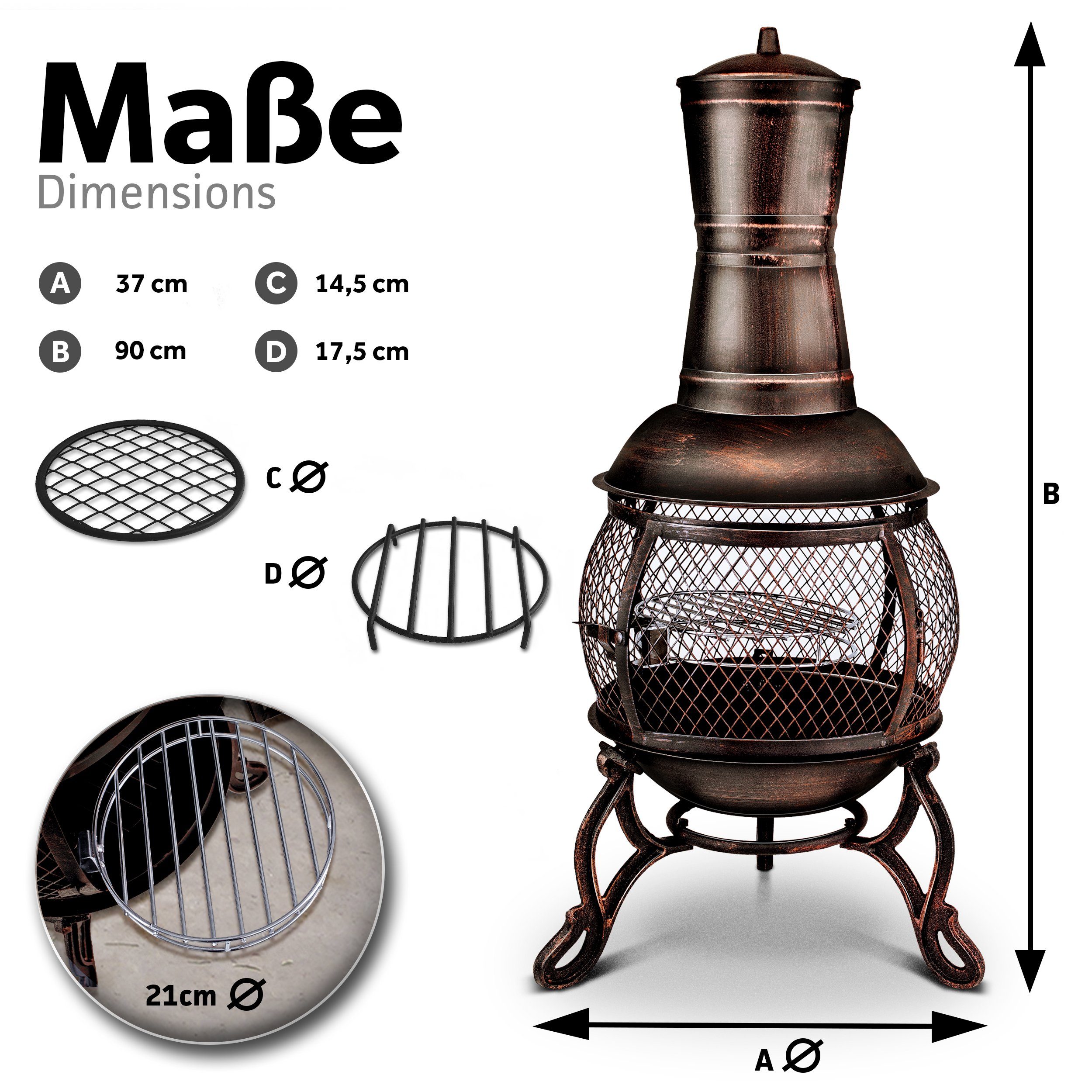 tillvex Feuerkorb Terrassenofen mit Funkenschutz & Zubehör, Gartenkamin mit Abdeckung, (Terrassenofen), Gartenofen Feuerstelle mit Grillfunktion & BBQ Grillrost