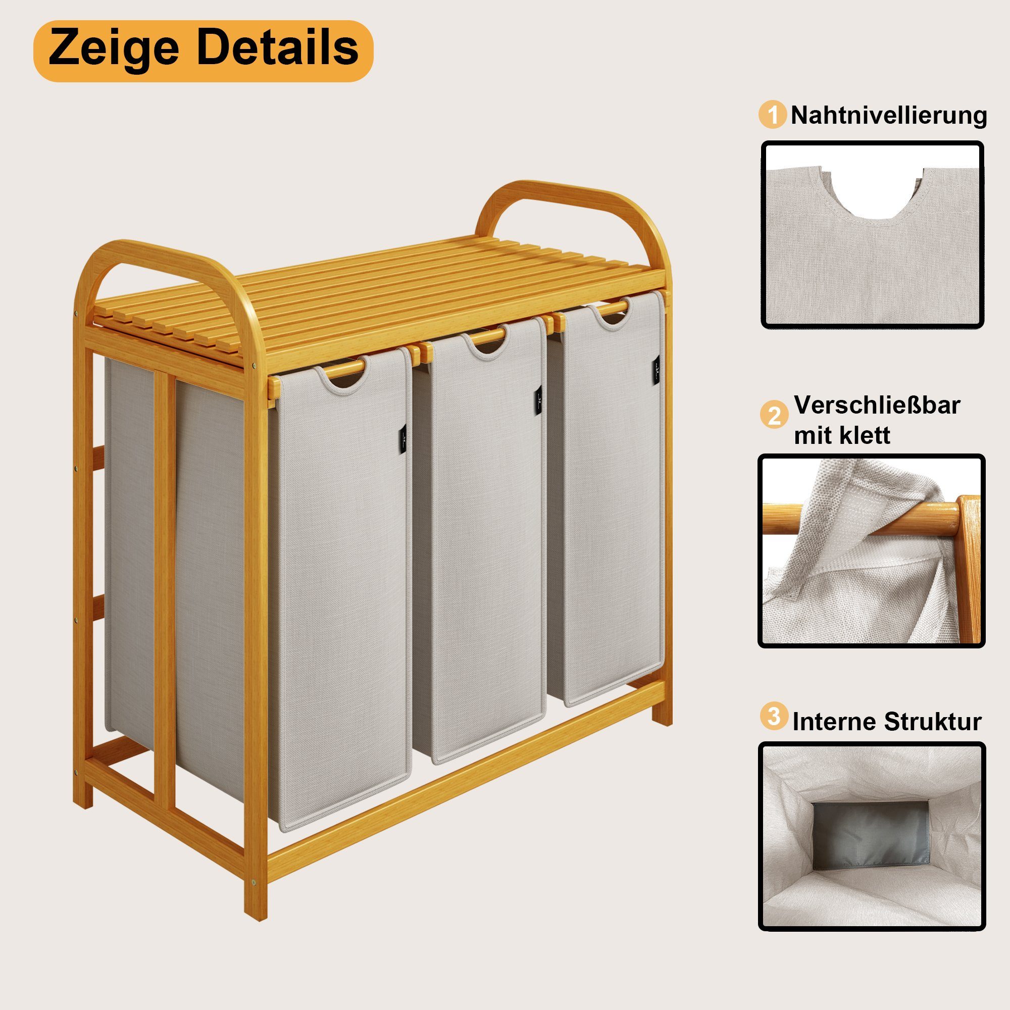 AdelDream Wäschekorb Wäschekörbe mit Bambusrahmen, 150 l, 3 Fächer