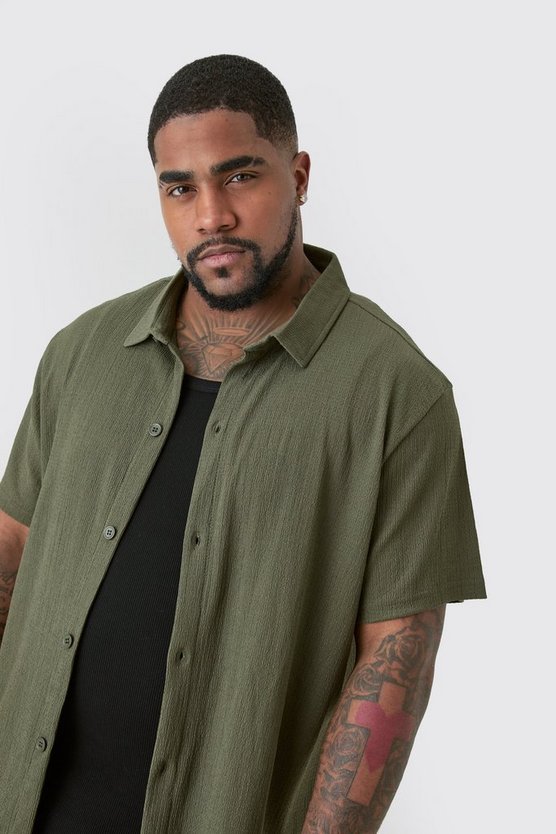 Plus Short Sleeve Regular Textured Shirt In Khaki