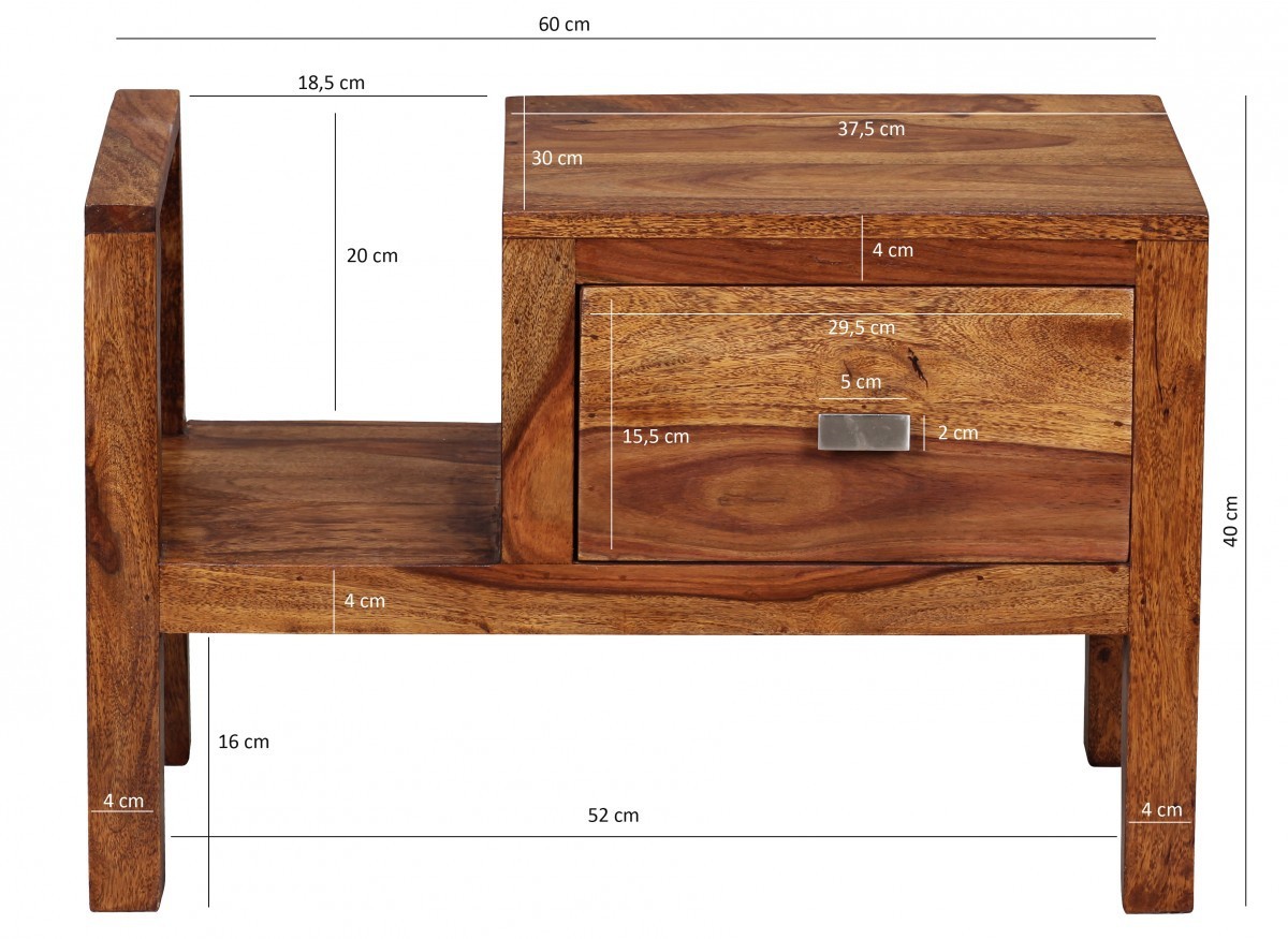 Skyport Sheesham Massivholz Nachtkonsole mit Schublade und Zeitungsablage 60 x 30 x 40 cm