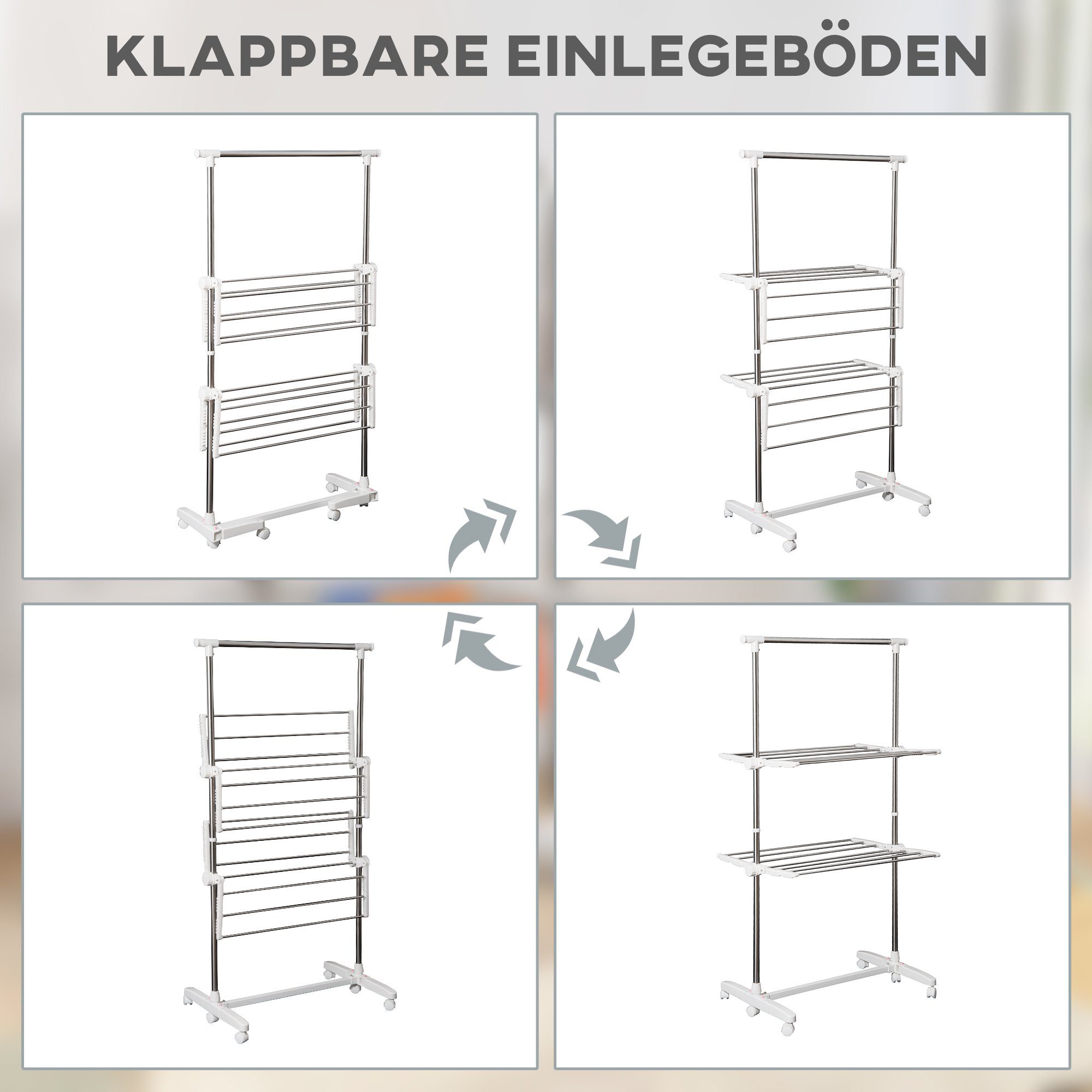 HOMCOM Wäscheständer, Mobiler Wäschetrockner-Turm Seitenflügel 2 Ebenen Klappbar