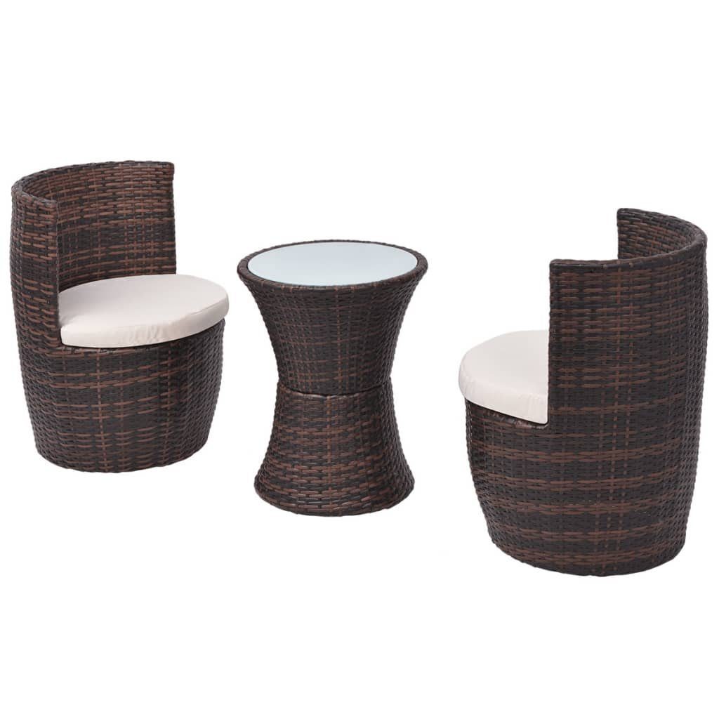 vidaXL Gartenlounge-Set 3-tlg. Bistro-Set mit Auflagen Poly Rattan Braun, (3-tlg)