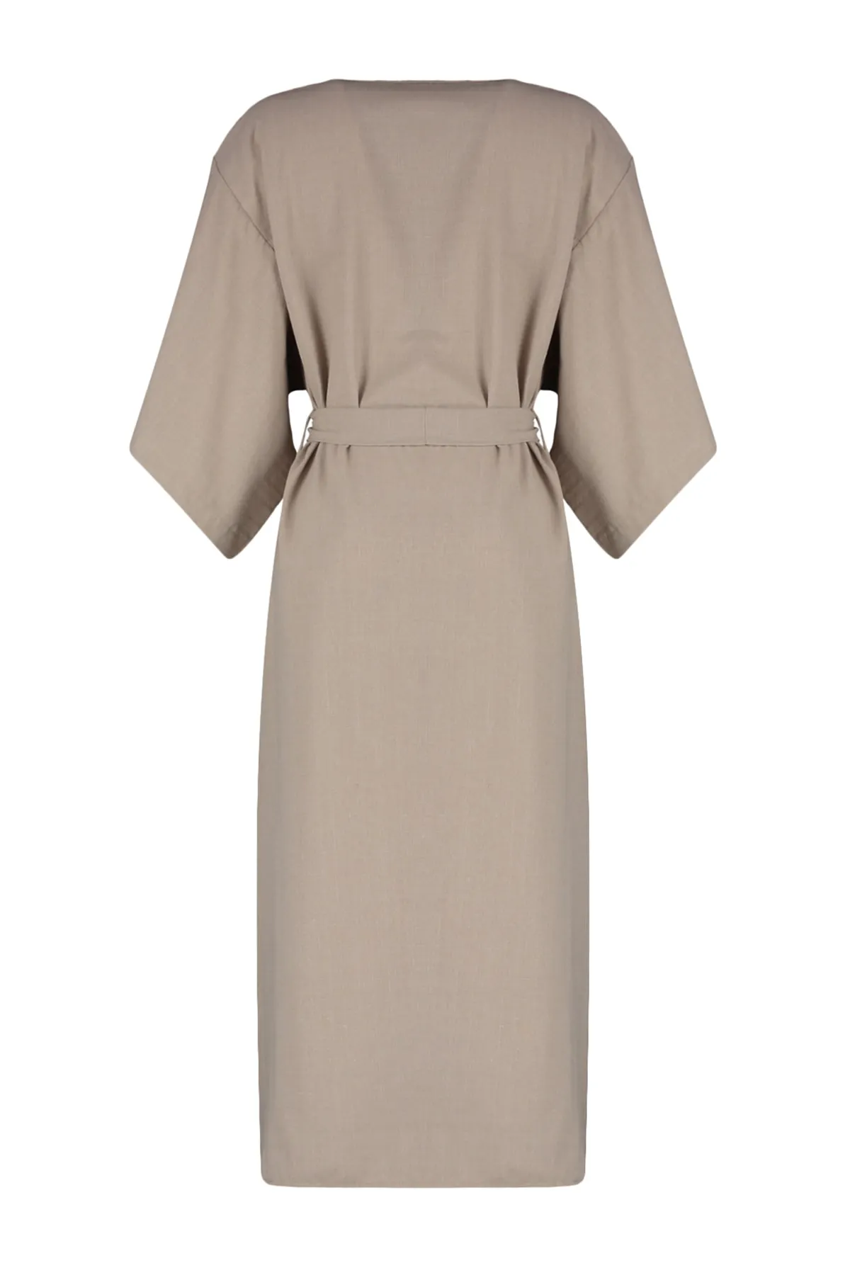Trendyol Collection  Beigefarbener, gewebter Maxi-Kimono und Kaftan in Leinenoptik mit Gürtel TBESS23KM00058