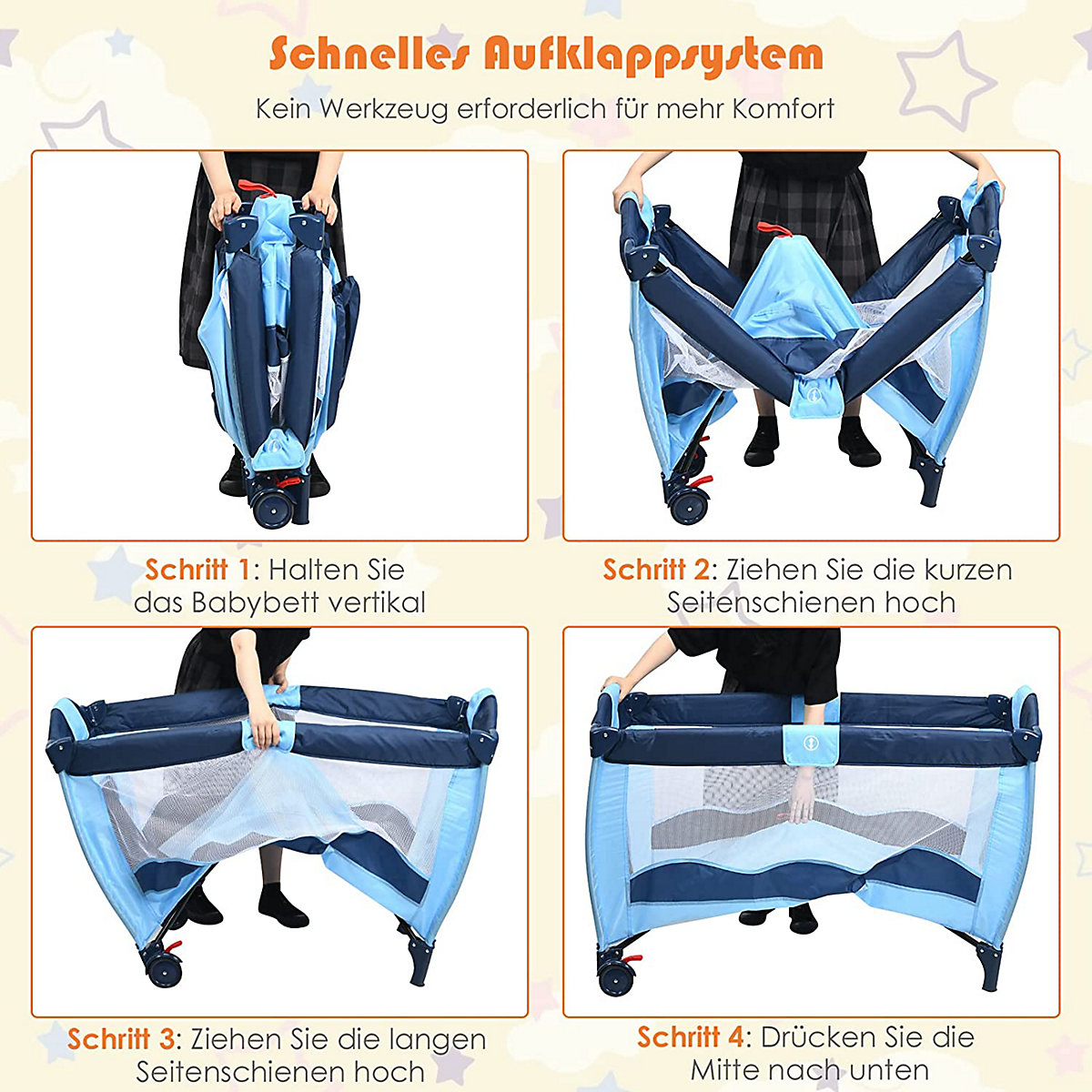 Reisebett mit Wickeltisch & Laufstall Elefantenmotiv
