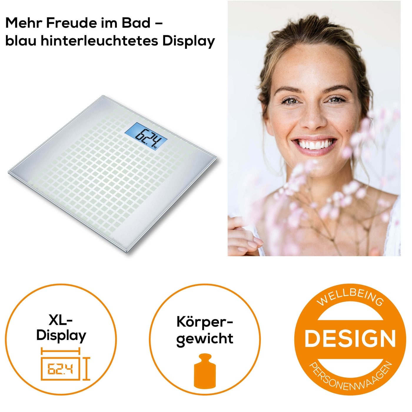 Beurer Glaswaage - GS 206 Squares-Personenwaage aus Glas mit beleuchtetem XL-Display - bis 150 kg