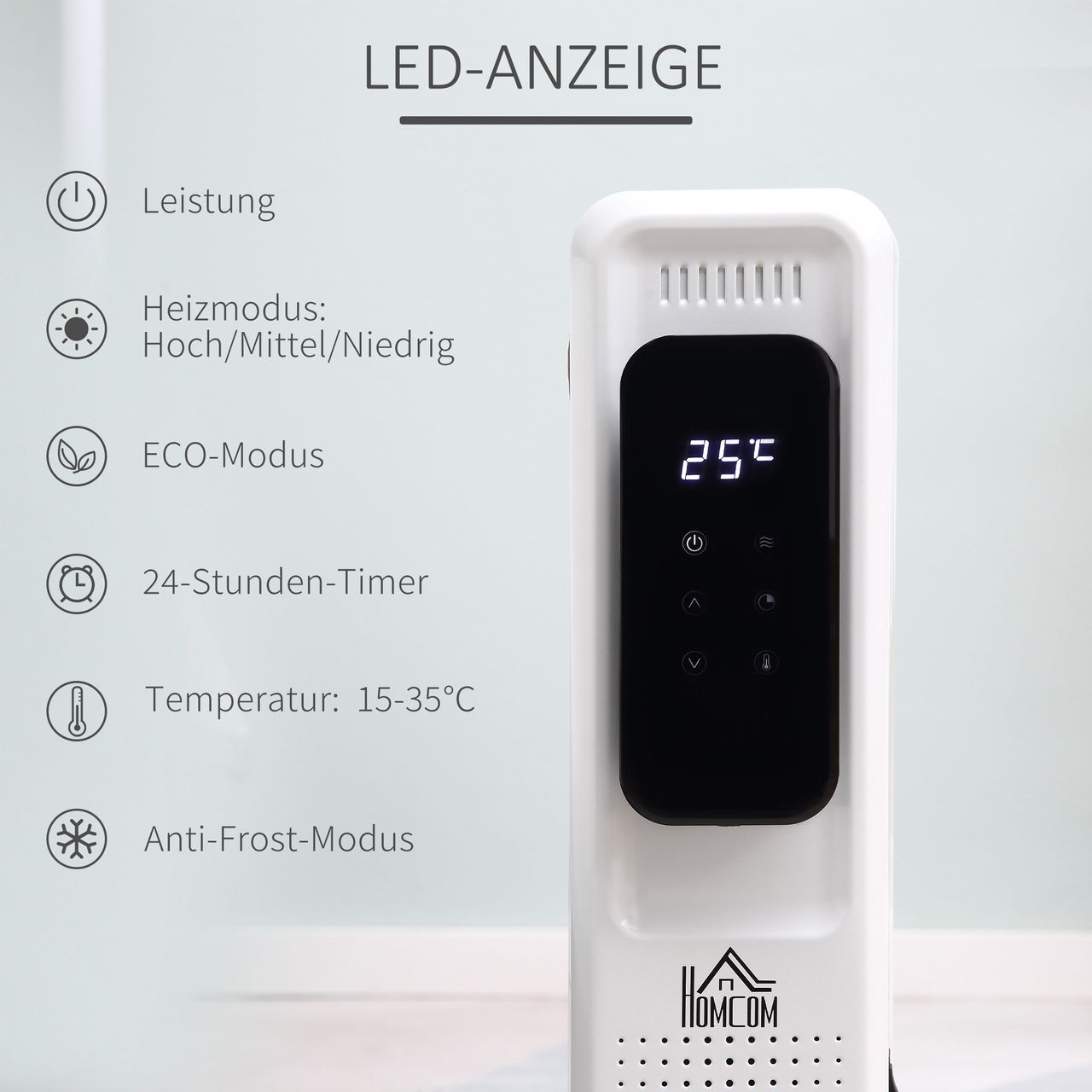 HOMCOM Ölradiator tragbar elektrisch Heizkörper 2290-2720W 3 Heizstufen 24-Stunden-Timing elektrische Heizung 11 Heizplatten mit 4 Rollen Weiß Metall 50,5 x 24 x 63 cm