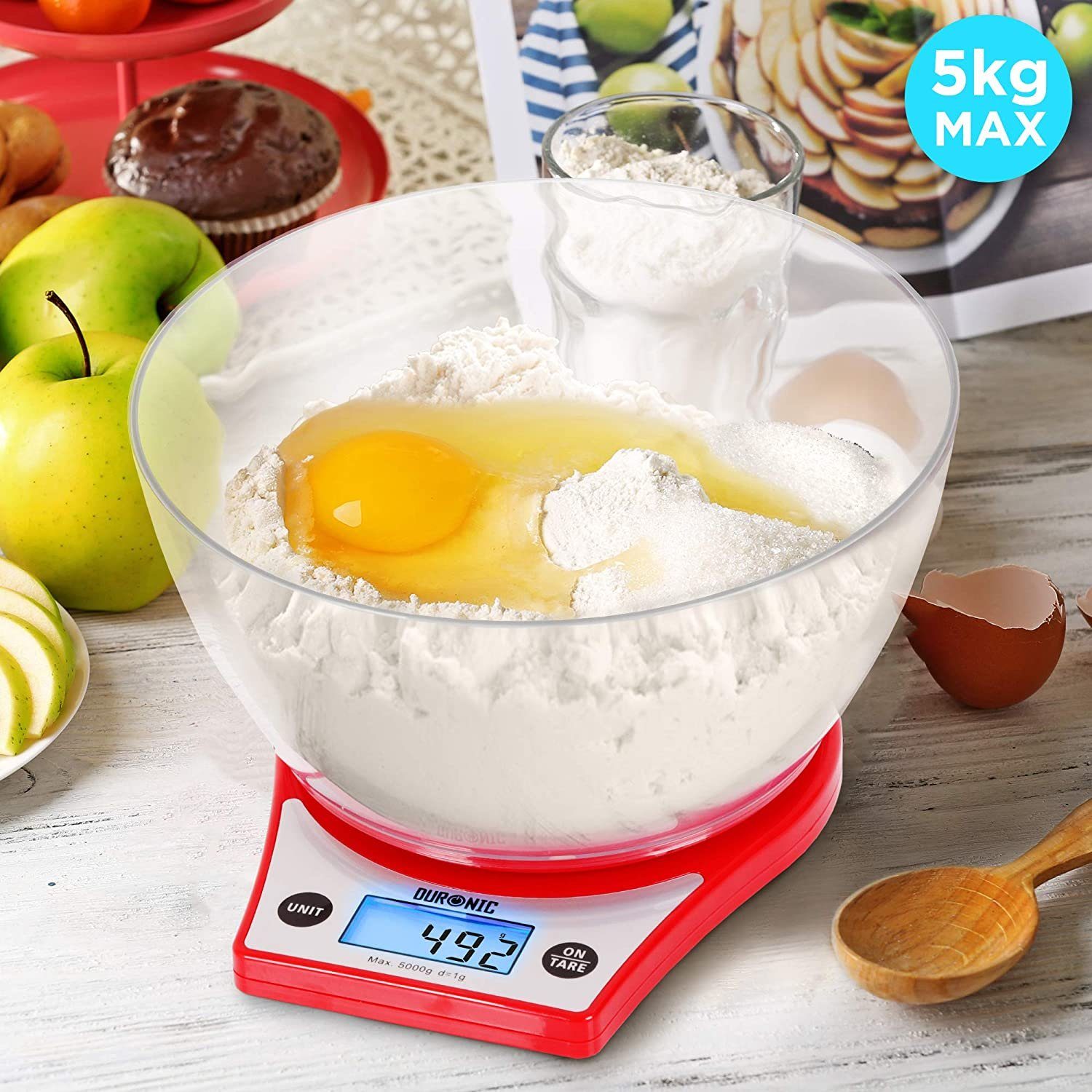 Duronic Küchenwaage, KS6000 RD Küchenwaage, 5 kg Digitalwaage rund mit 2,5 L Schüssel