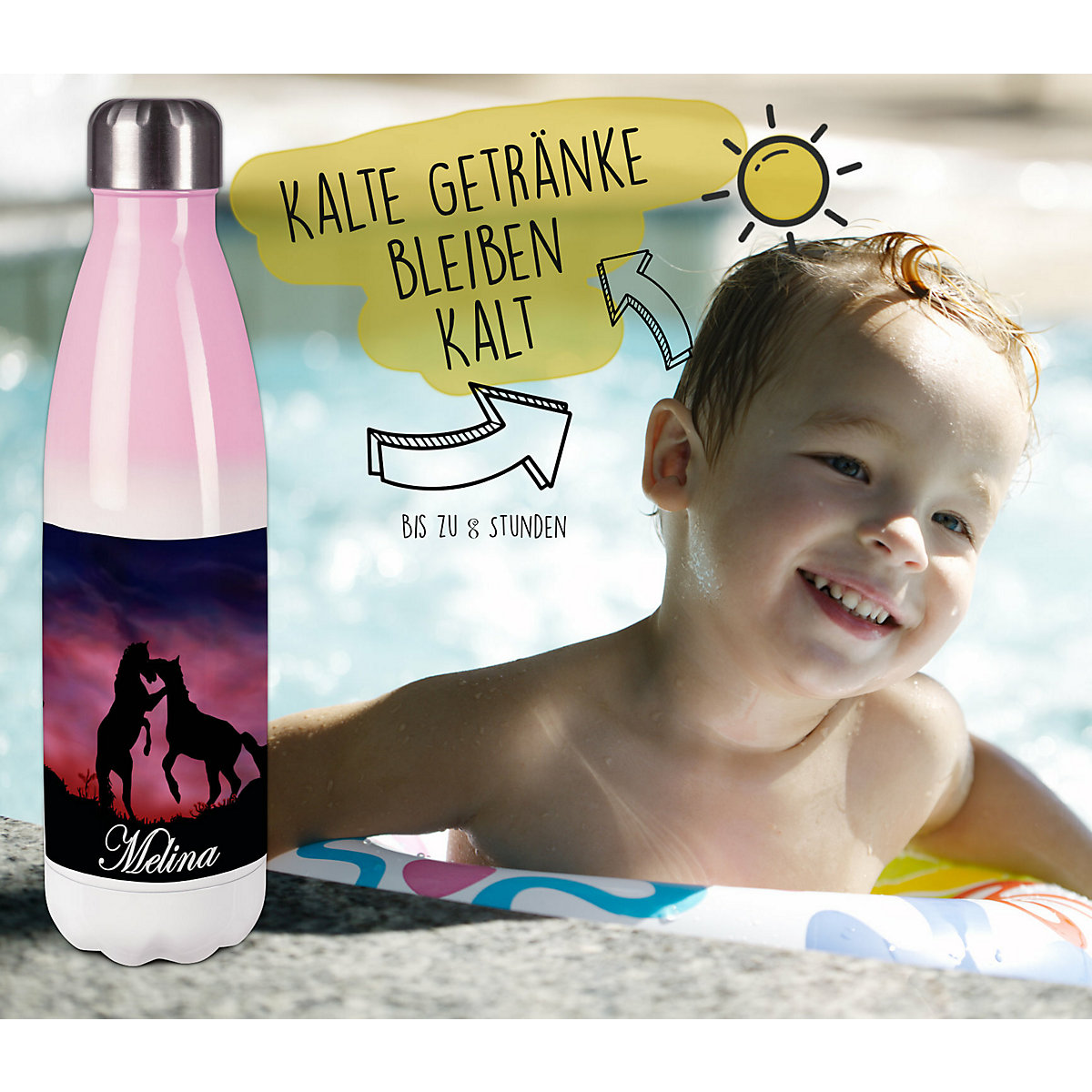 Edelstahl Kinder Thermoflasche / Trinkflasche bunt Pferde Spülmaschinenfest, Auslaufsicher, Bruchfest, Doppelwandig, Für Heißgetränke geeignet, Mit Deckel, Isoliert