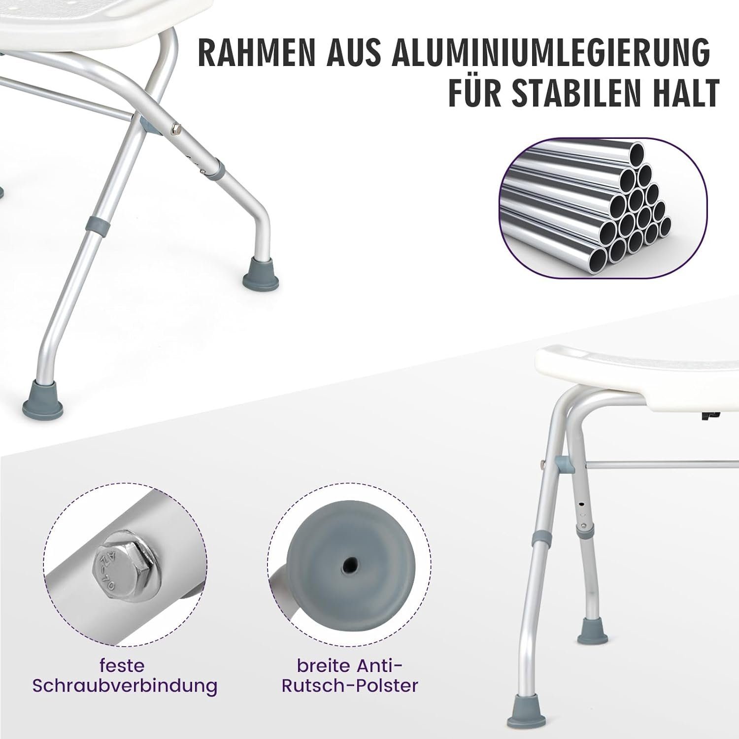 KOMFOTTEU Duschhocker Duschstuhl, belastbar bis 150,00 kg, höhenverstellbar & klappbar