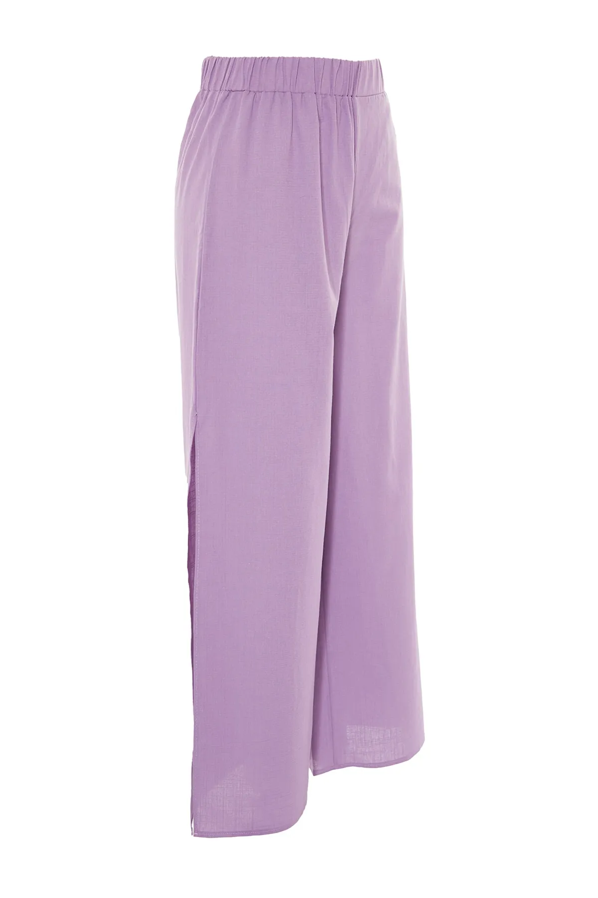 Trendyol Collection  Lilafarbene, strukturierte Schlitzhose aus Leinen TBESS21PL0493
