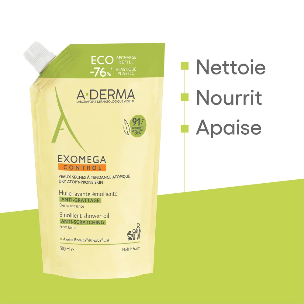 A-Derma Exomega Control - Huile lavante emollien te anti-grattage eco recharge 500ml Huile lavante