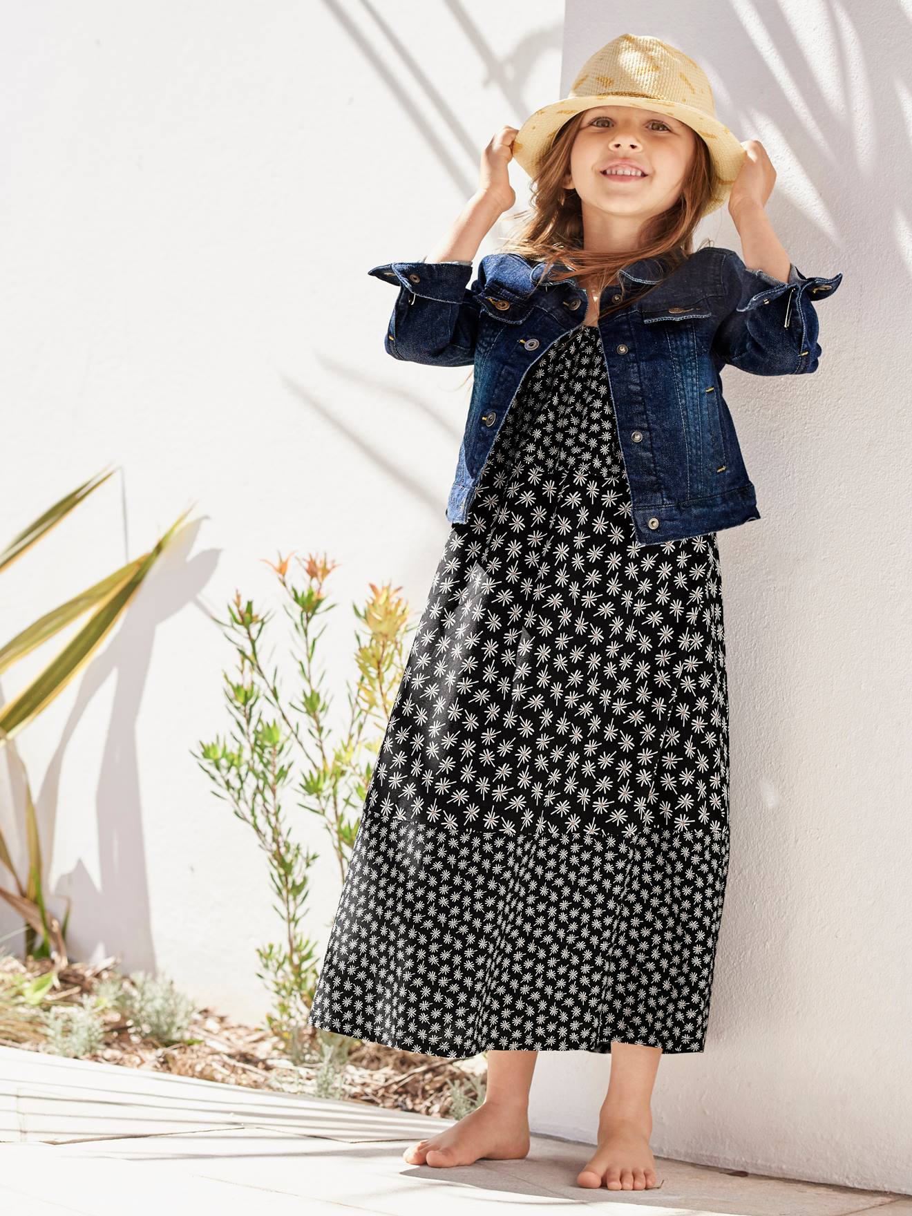 Robe longue à volants noir imprimé