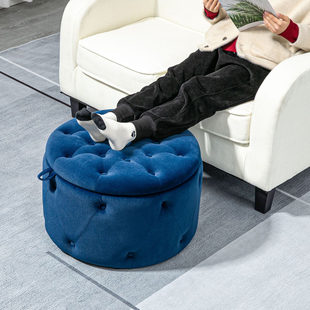 HOMCOM Sitzhocker mit Stauraum, Sitztruhe mit Samtoptik, Knöpfen für Wohnzimmer