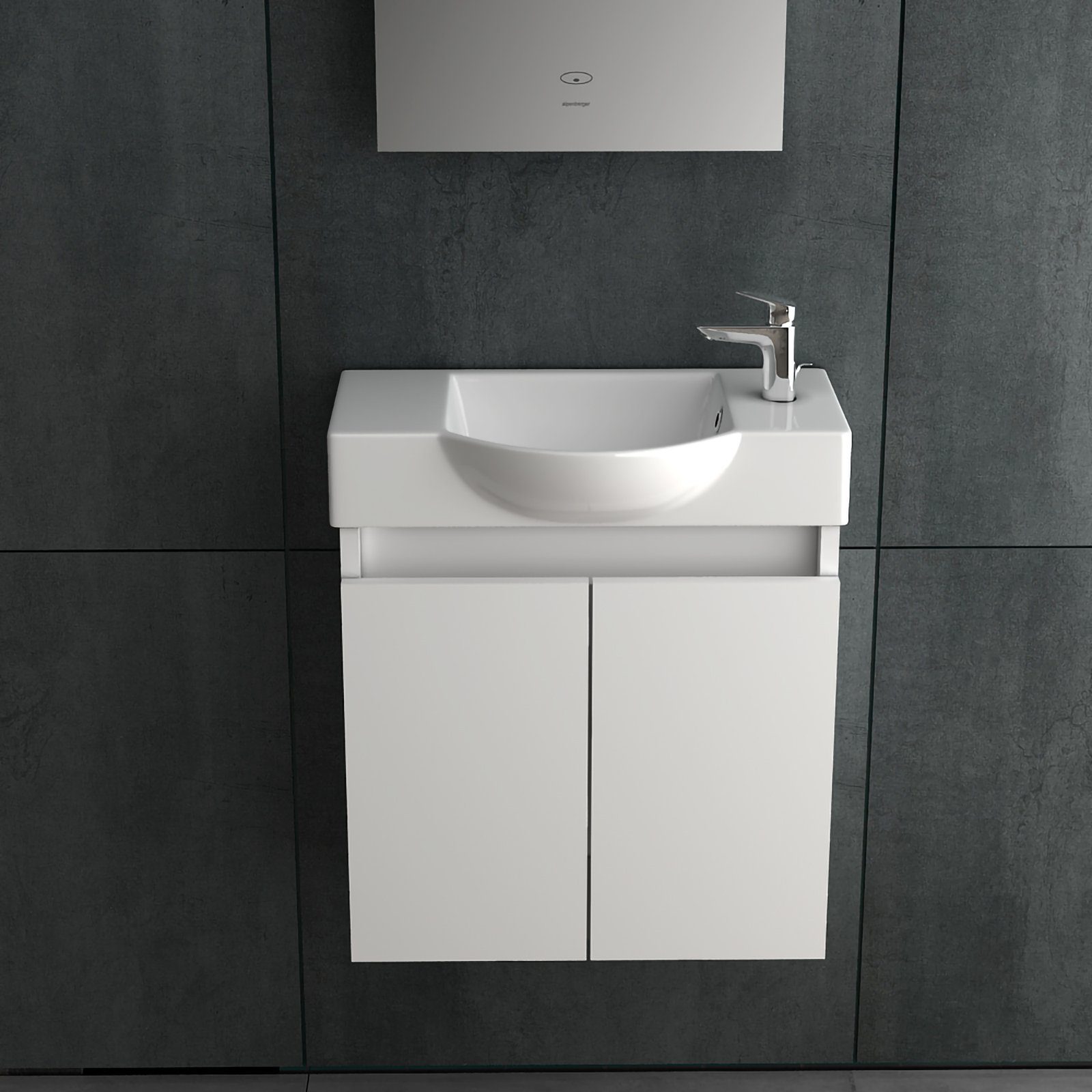 Alpenberger Waschbecken Badmöbel SET 55 cm Breit - Waschtisch mit Unterschrank in Weiß (Komplett-Set Vormontiert für Gäste WC & Bad, 2-St., 2-tlg. Stauraum Schrank), Soft-Close Schrank 2-türig, pflegeleichtes Keramik Becken
