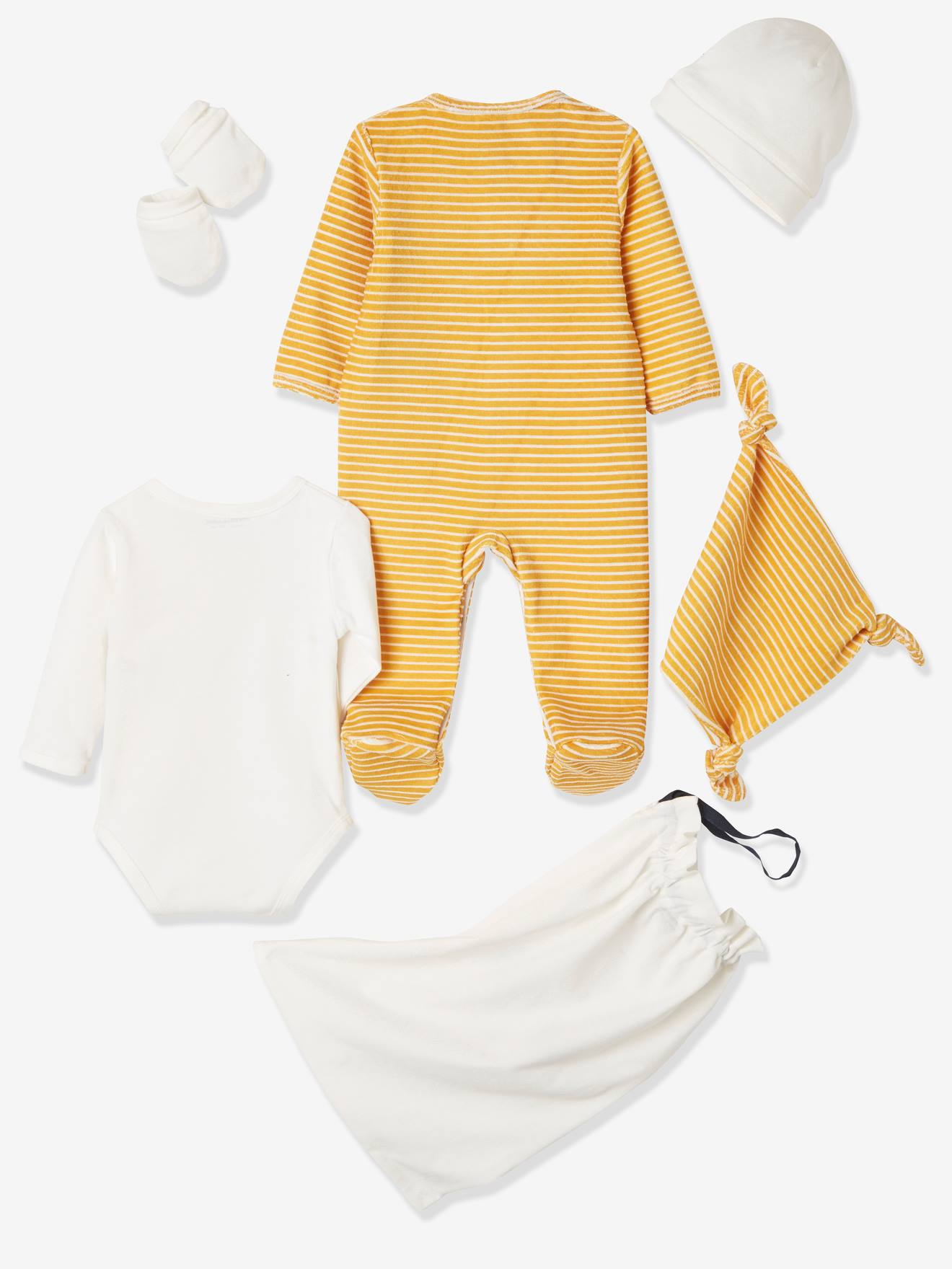 Kit naissance 5 pièces et sac rayé chat lot jaune épicé
