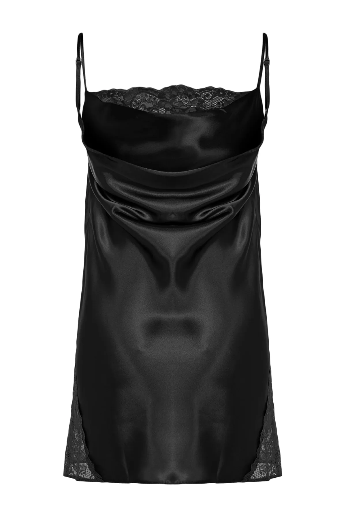 Trendyol Collection  Schwarzes Nachthemd aus gewebtem Satin mit Spitze und Degaje-Details, Seilriemen THMSS23GC00012