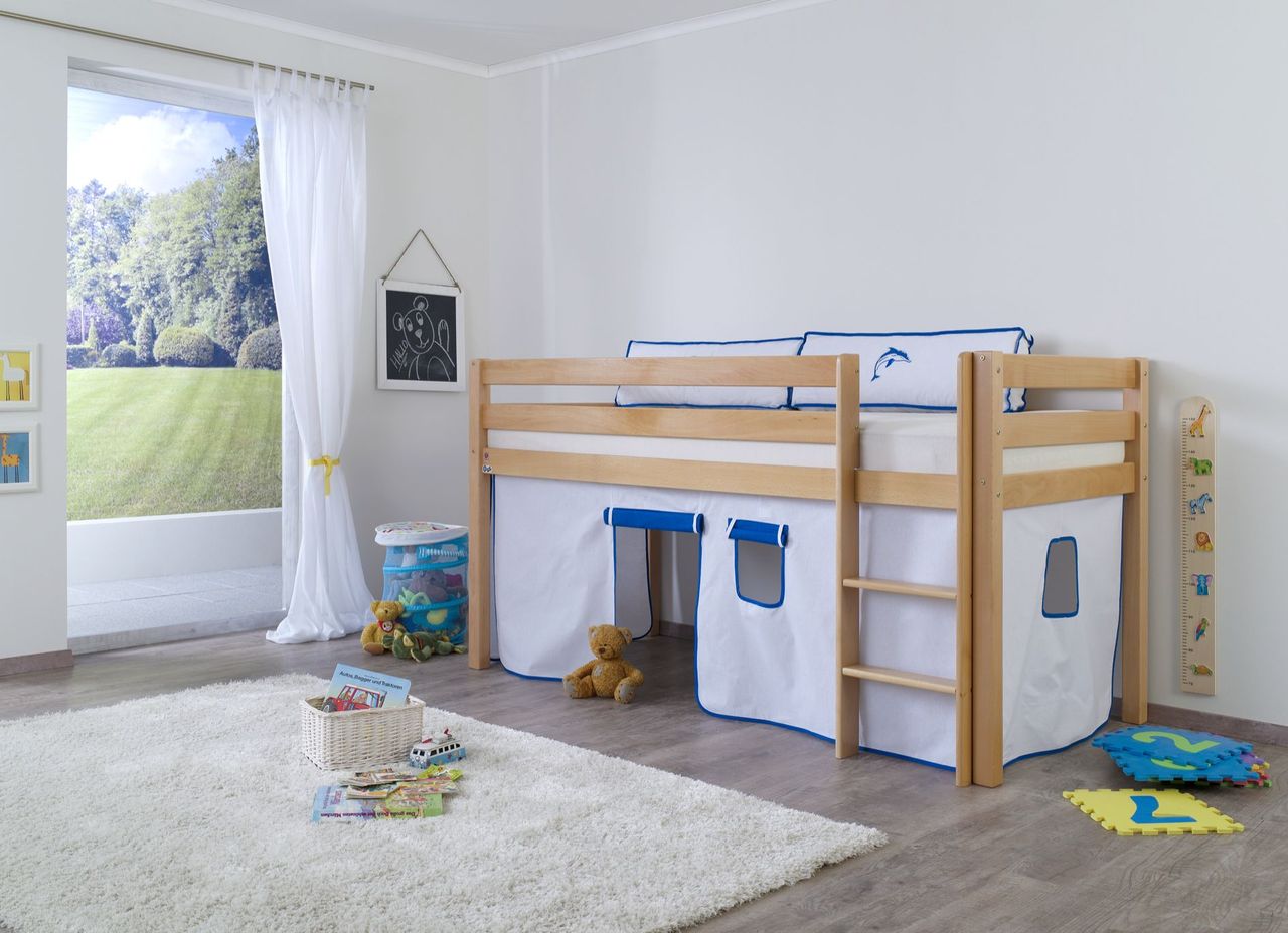Relita Halbhohes Spielbett ALEX Buche massiv natur lackiert mit Stoffset Vorhang weiß/delfin