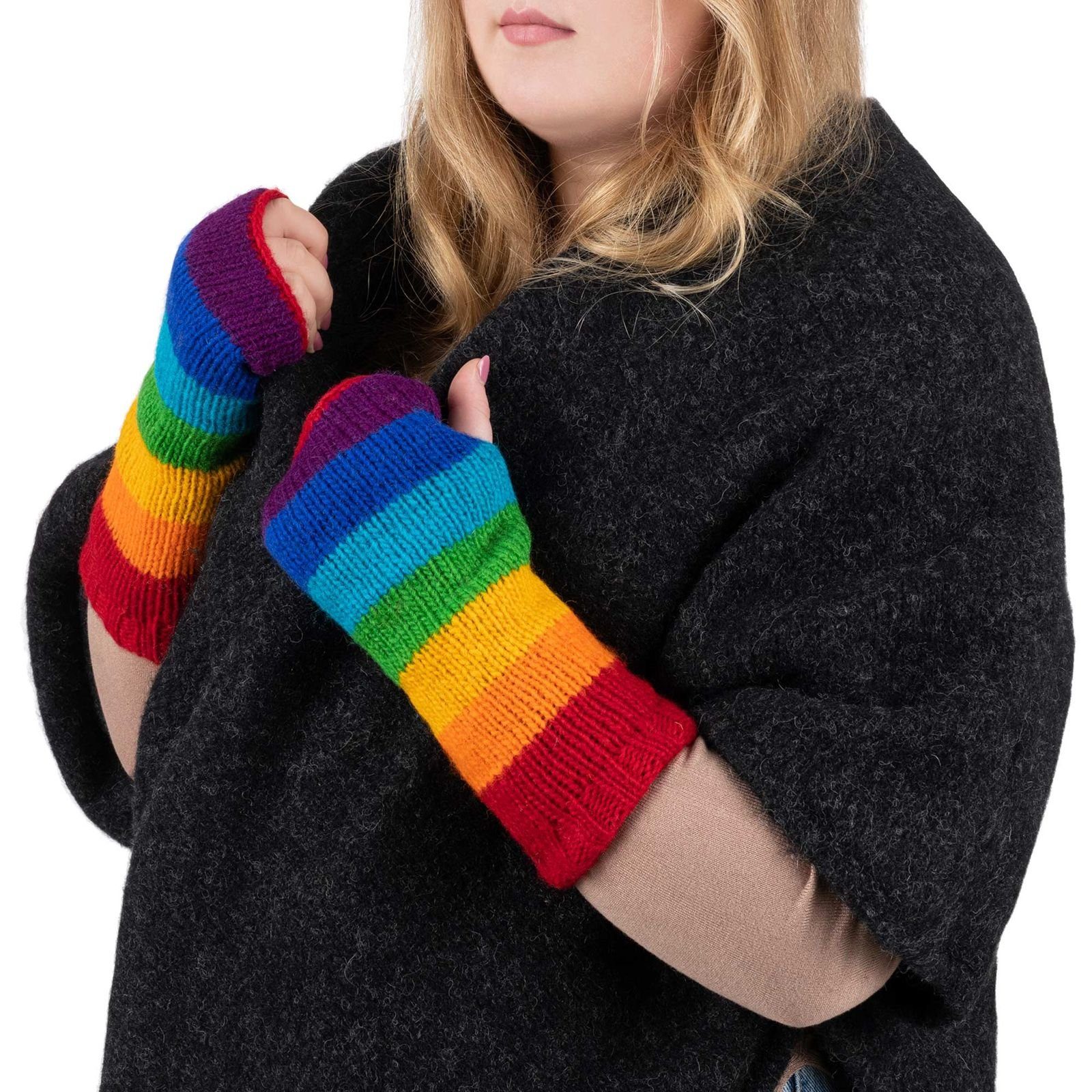KUNST UND MAGIE Armstulpen Bunte Armstulpen Hand Pulswärmer Handschuhe Wolle Strick Regenbogen