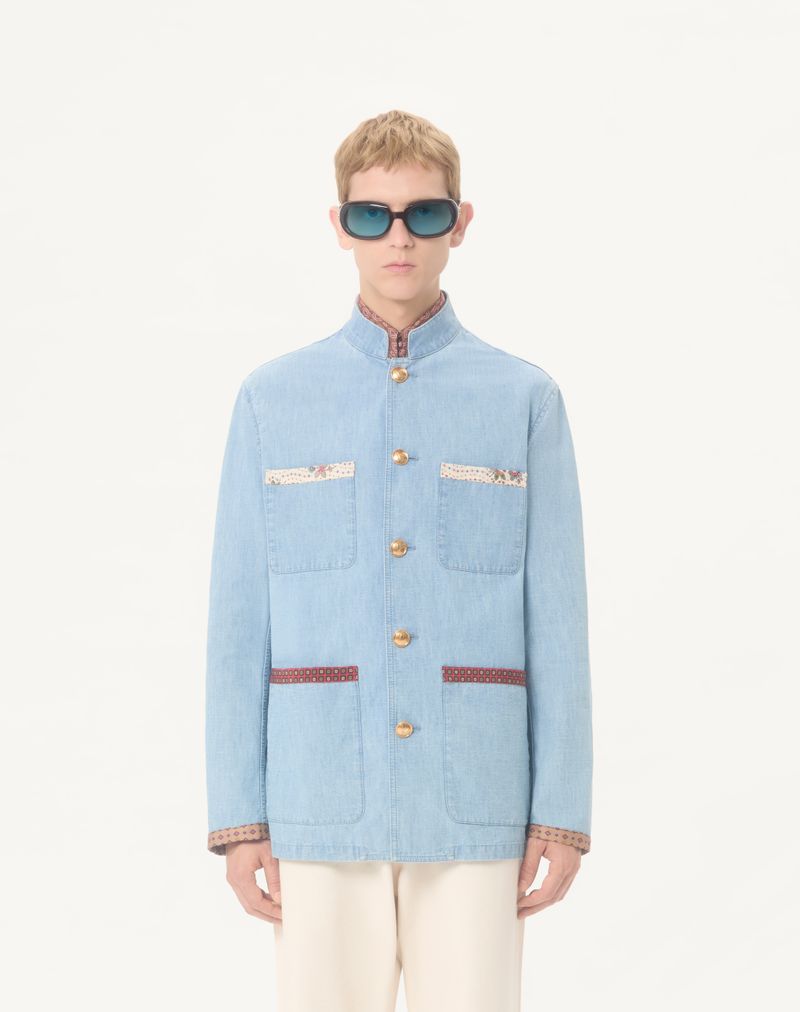 Jaqueta Safari Valentino em Denim com Bordas Estampadas