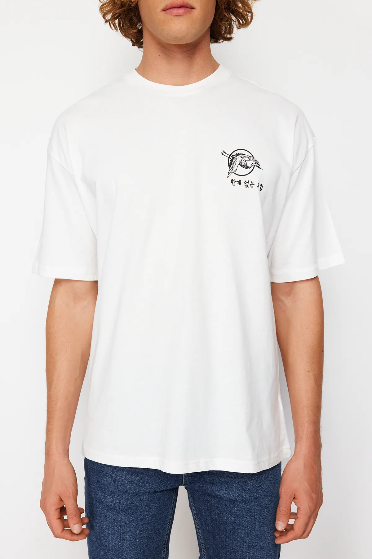 Trendyol Collection  Ecrufarbenes, übergroßes/weit geschnittenes, kurzärmliges, mit Fernost bedrucktes T-Shirt aus 100 % Baumwolle TMNSS23TS00170