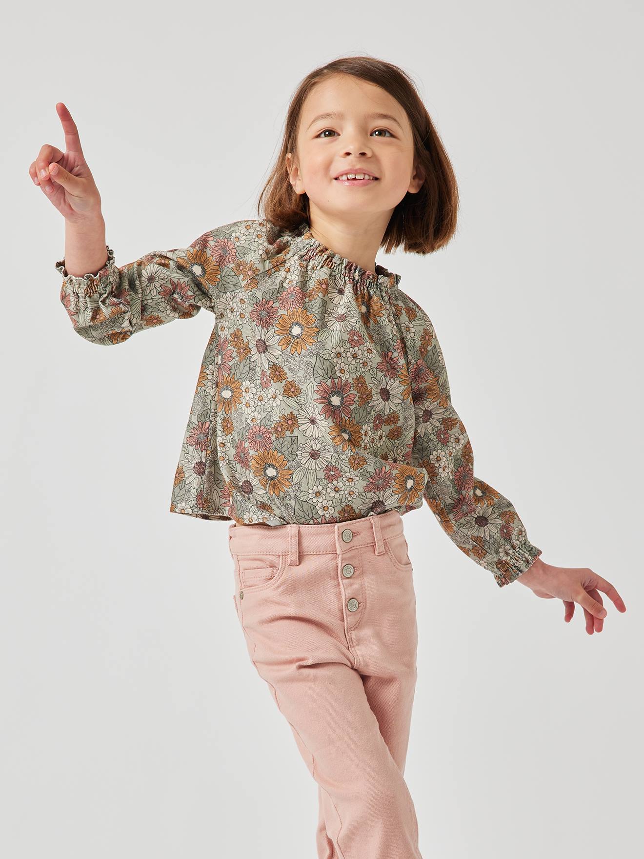Blouse à fleurs en velours milleraies fille vieux rose