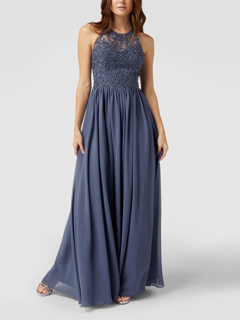 Abendkleid mit floralen Stickereien in rauchblau