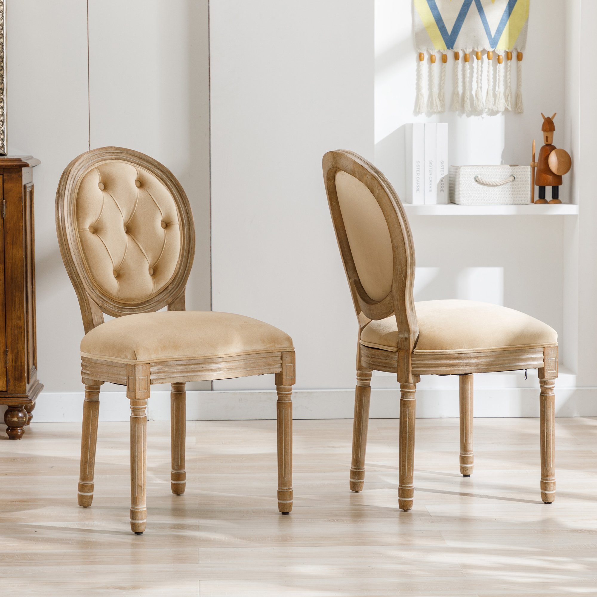 Ulife Polsterstuhl Esszimmerstühle aus Leinen,Knopfdesign Medaillon Stuhl (2 St), mit runden Rückenlehnen und Beinen aus Gummiholz