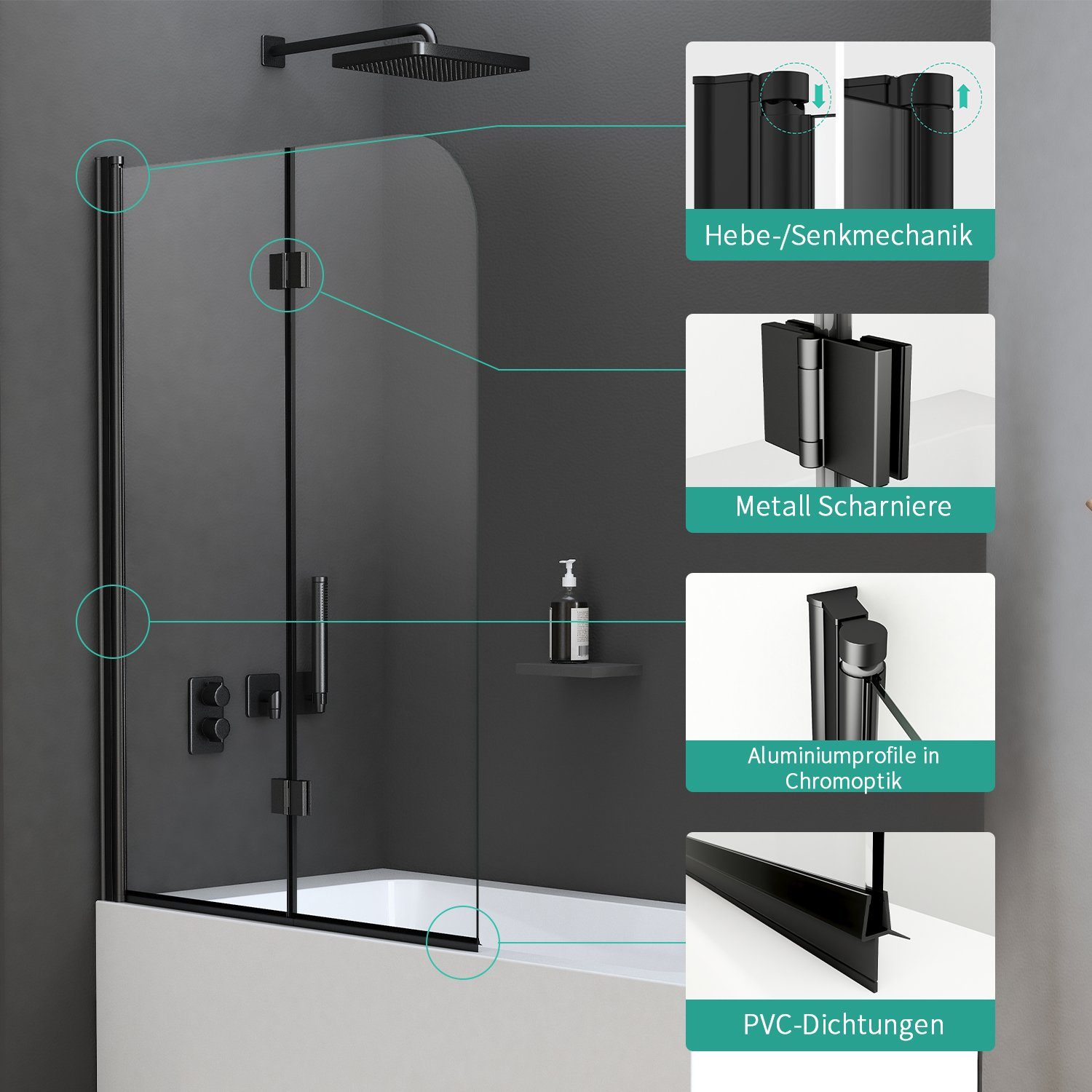 Boromal Badewannenfaltwand Badewannenaufsatz 2 teilig 6mm ESG glas mit Nano 110cm Faltbar Schwarz, 6mm Einscheibensicherheitsglas, Aluminiumprofile, NANO