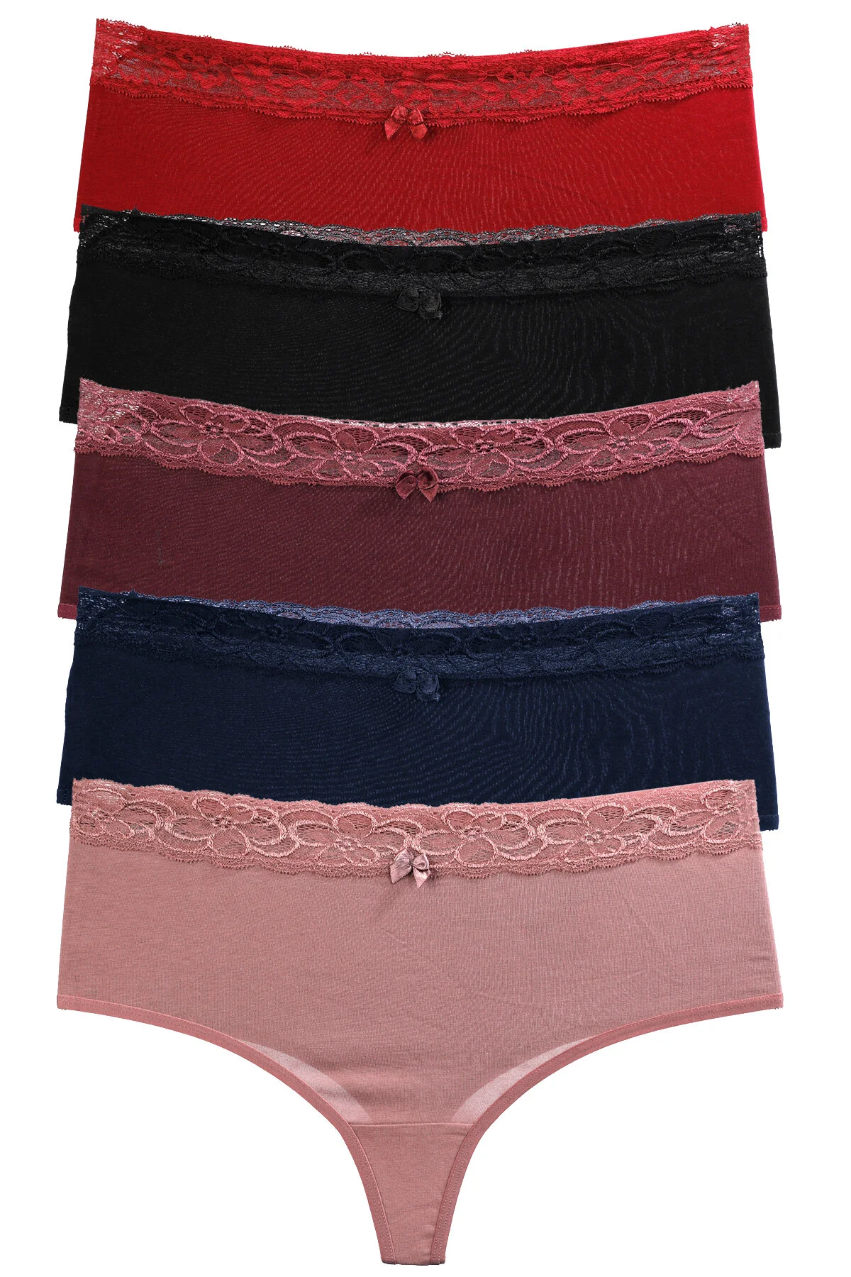 Nicoletta  Damenhöschen, Tanga mit hoher Taille, große Größe, 5er-Pack, Burgunderrot