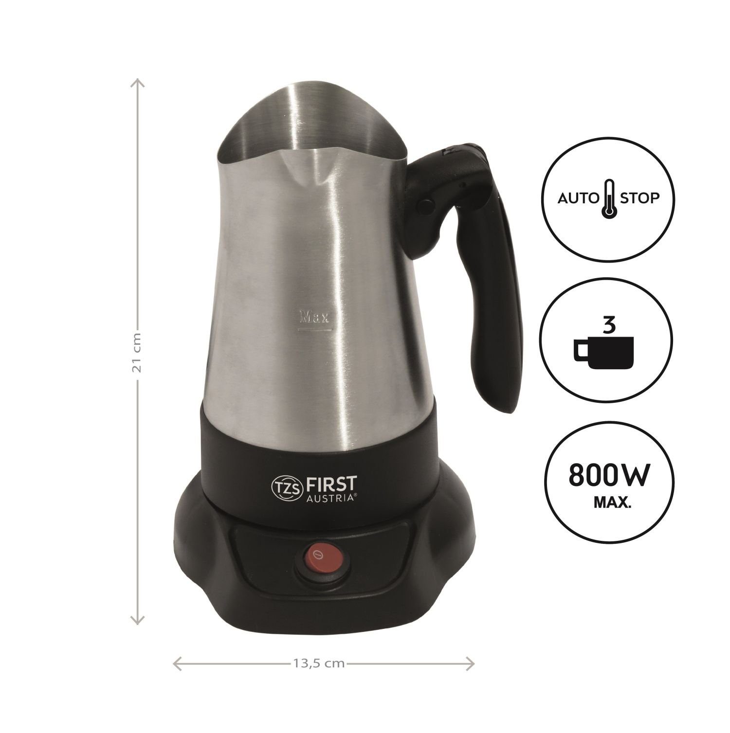 TZS FIRST AUSTRIA Kaffeebereiter Elektrischer Türkischer Kaffeekocher, mit ausklappbarem Handgriff, 350ml, 800W, Mokkakocher, Espressokocher & Wasserkocher, Edelstahl