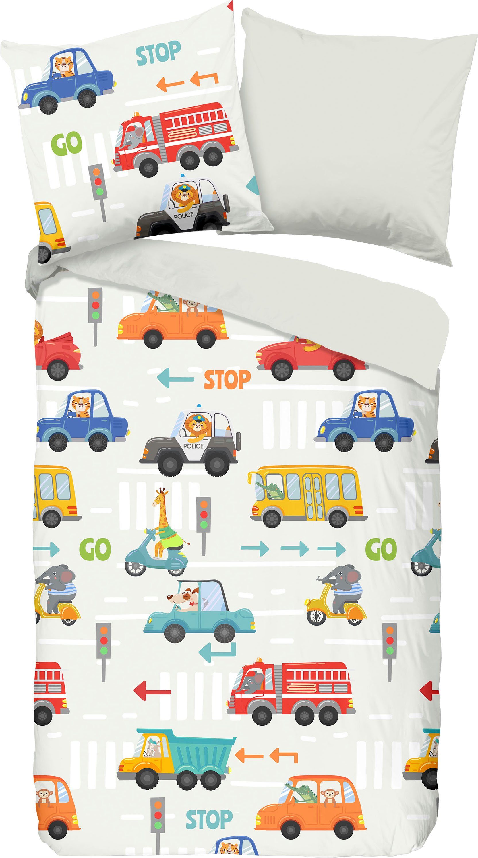 Kinderbettwäsche Trafic, good morning, Renforcé, 2 teilig, mit Autos