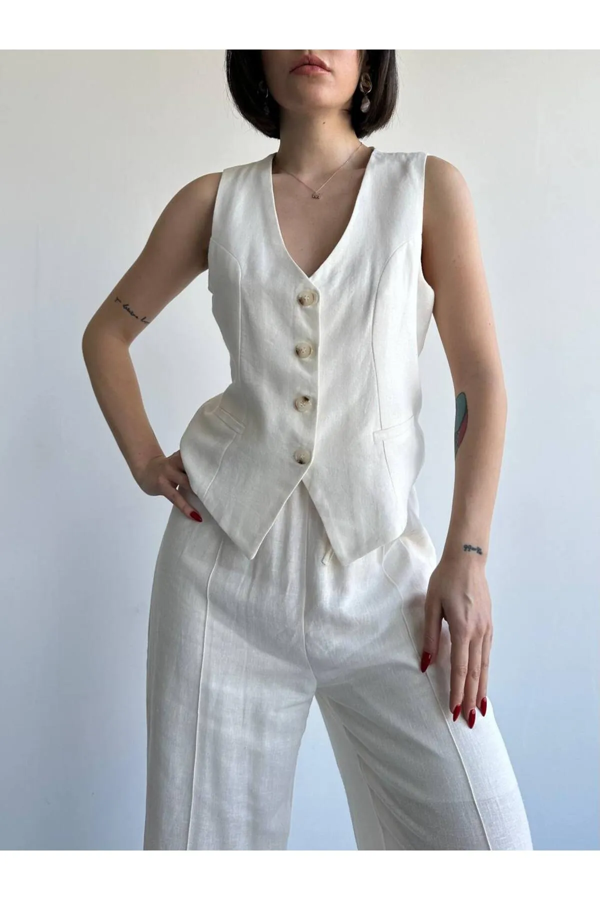 Laluvia  Ecru Lavin Weste-Hosen-Set aus 100 % Baumwollleinen