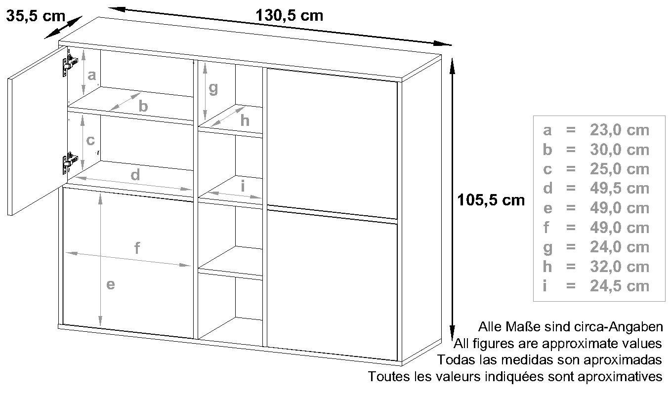 Vladon Highboard Cuba (Highboard, mit 12 Fächern, inkl. RGB LED Beleuchtung), Korpus in Weiß matt / in Hellgrau seidenmatt (130,5x105,5x35,5 cm)