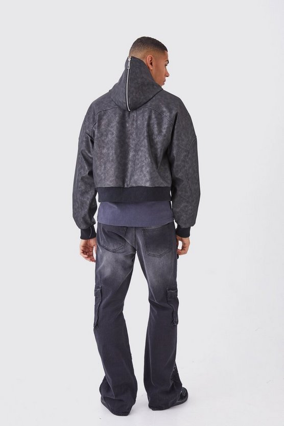 Kastige PU-Bomberjacke mit Kapuze