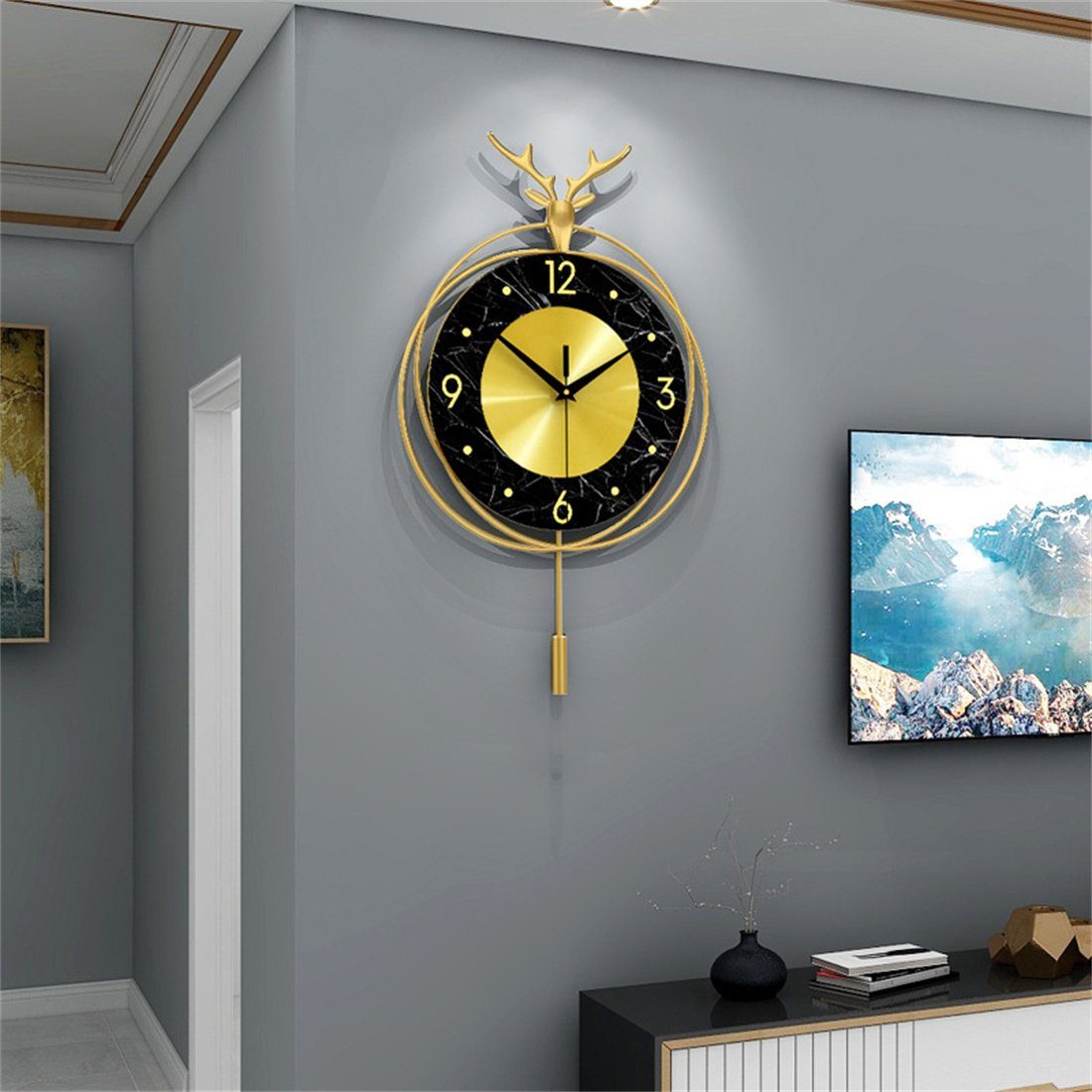 DÖRÖY Wanduhr 50CM Hirschkopf Wanduhr für Wohnzimmer,moderne kreative stumme Wanduhr
