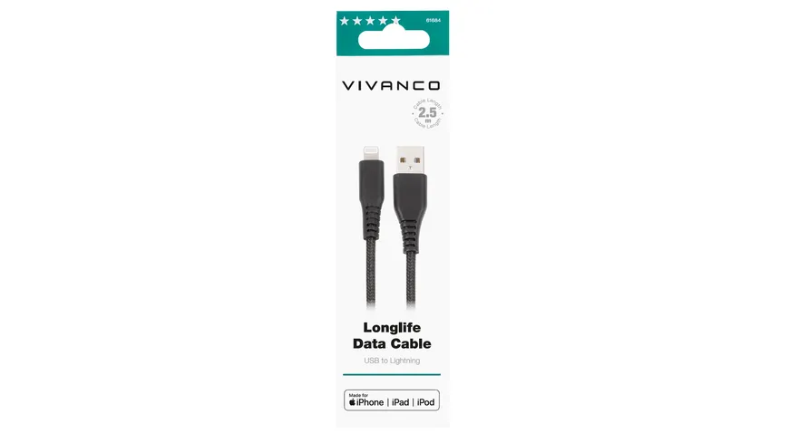 Vivanco LongLife Charging Cable, Lightning Daten- u. Ladekabel, 2,5m