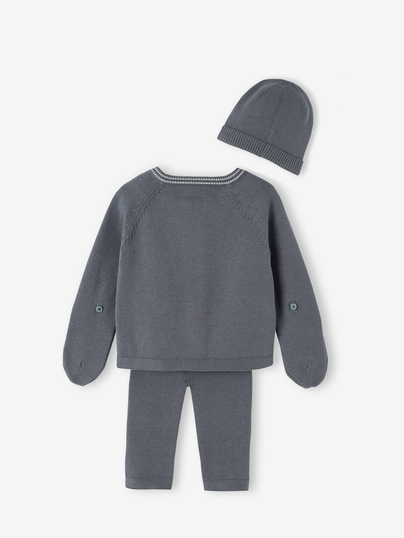Vertbaudet Baby Strick-Set: Cardigan, Leggings & Mütze Oeko-Tex - schiefergrau