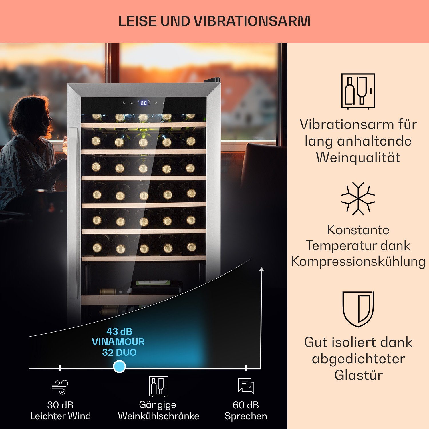 Klarstein Weinkühlschrank Vinamour 32 Uno, für 36 Standardflaschen á 0,75l,Wein Flaschenkühlschrank Weintemperierschrank Weinschrank Kühlschrank