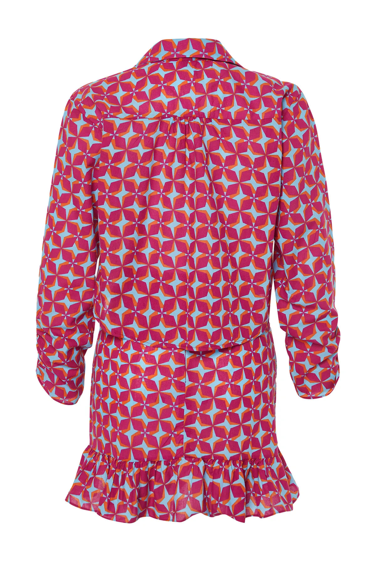 Trendyol Collection  Geometrisch gemustertes, gewebtes Rüschen-Hemdrock-Set aus 100 % Baumwolle TBESS24AU00040